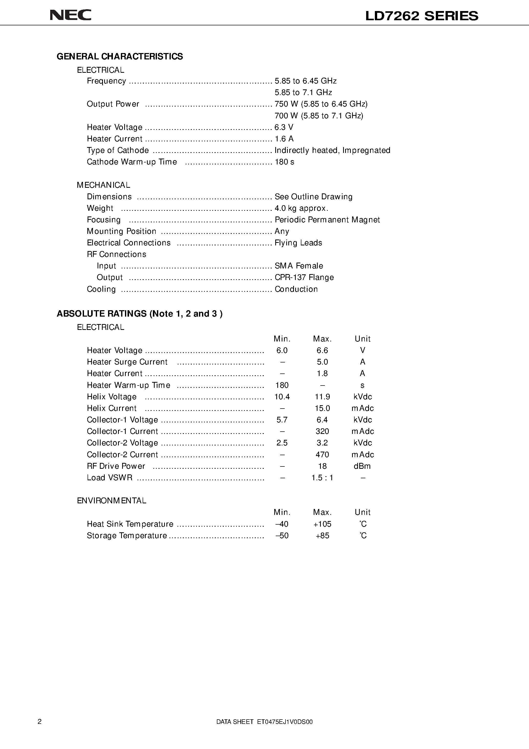 Datasheet LD7262 - 6 GHz / 750 W CW / CONDUCTION COOLING / HIGH POWER GAIN page 2