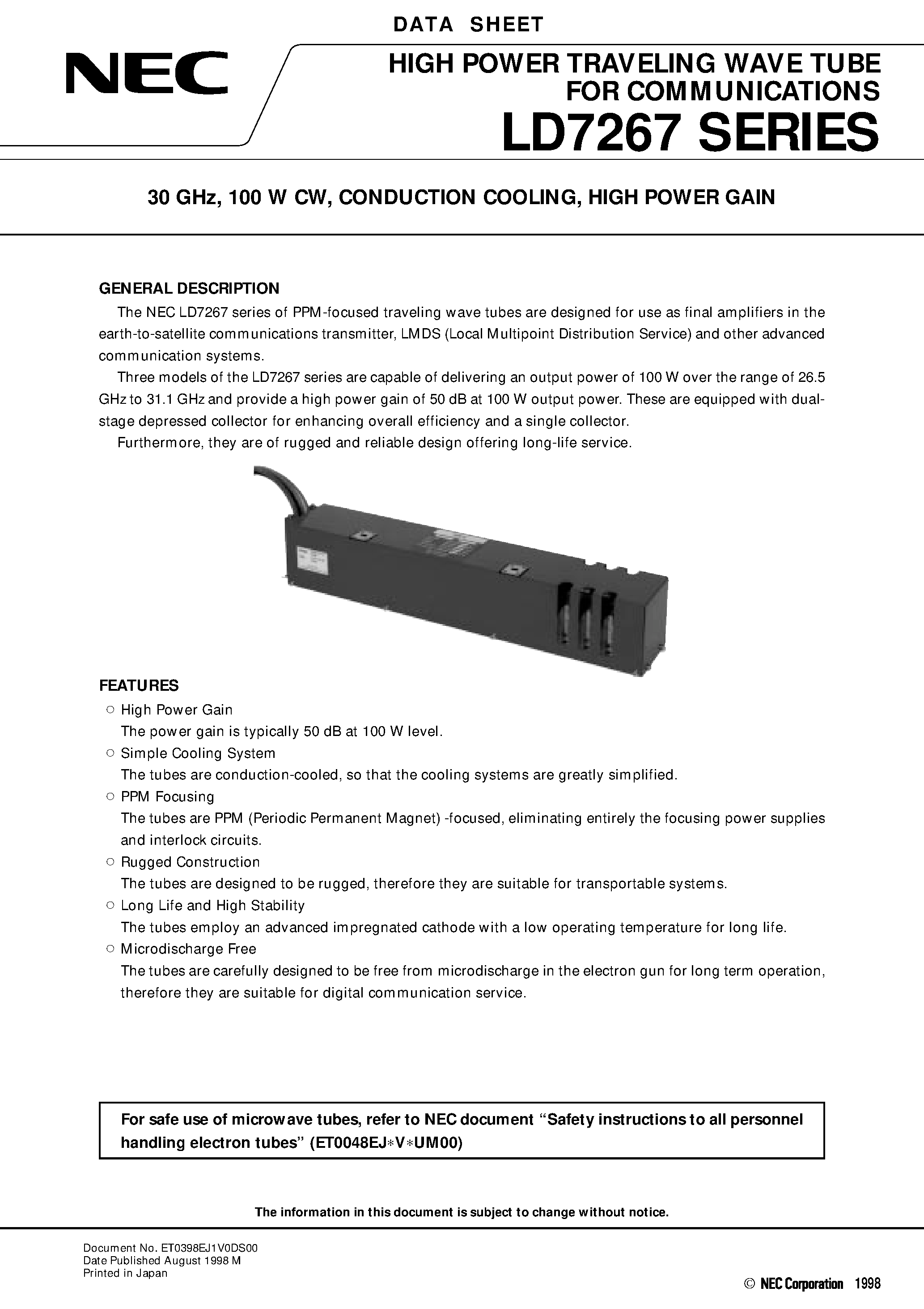 Datasheet LD7267 page 1 Datasheet LD7267 - 30 GHz / 100 W CW / CONDUCTION COOLING / HIGH POWER GAIN page 1