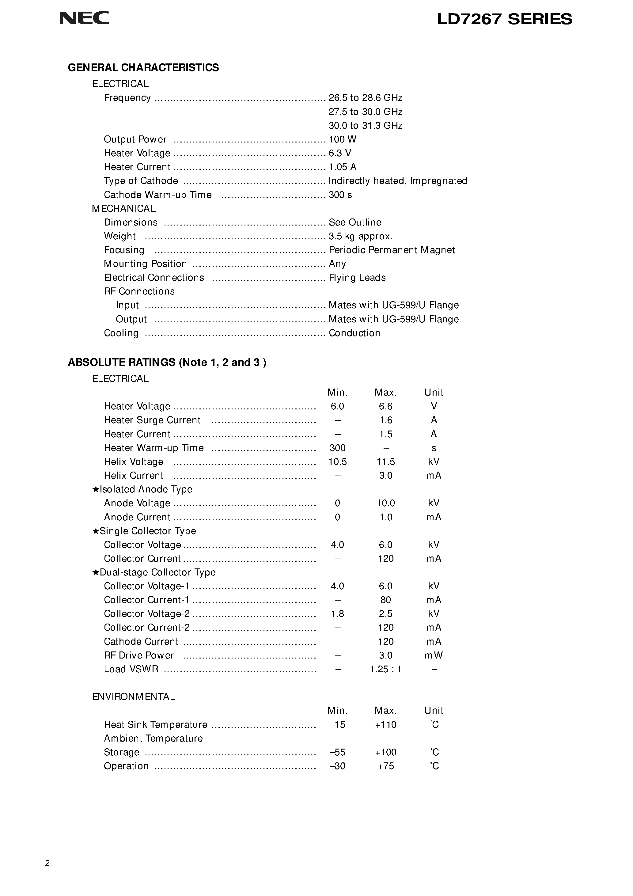 Datasheet LD7267 page 2 Datasheet LD7267 - 30 GHz / 100 W CW / CONDUCTION COOLING / HIGH POWER GAIN page 2