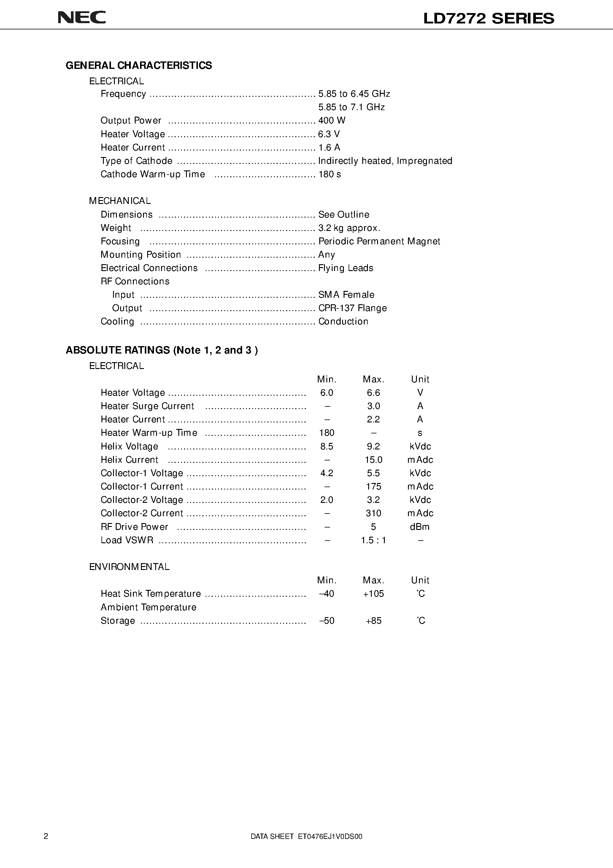 Datasheet LD7272 page 2 Datasheet LD7272 - 6 GHz / 400 W CW / CONDUCTION COOLING / HIGH POWER GAIN page 2