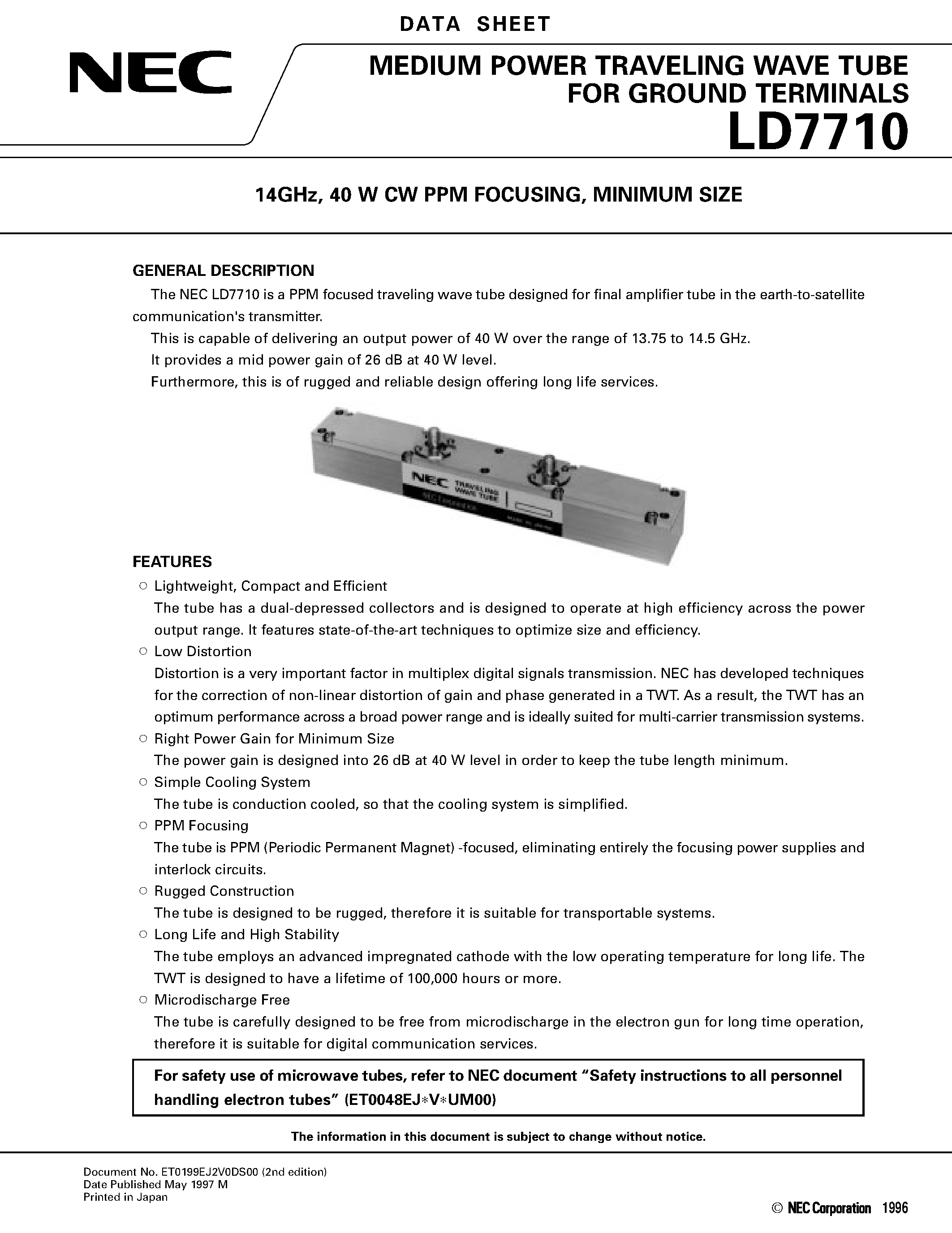 Datasheet LD7710 - 14GHz / 40 W CW PPM FOCUSING / MINIMUM SIZE page 1