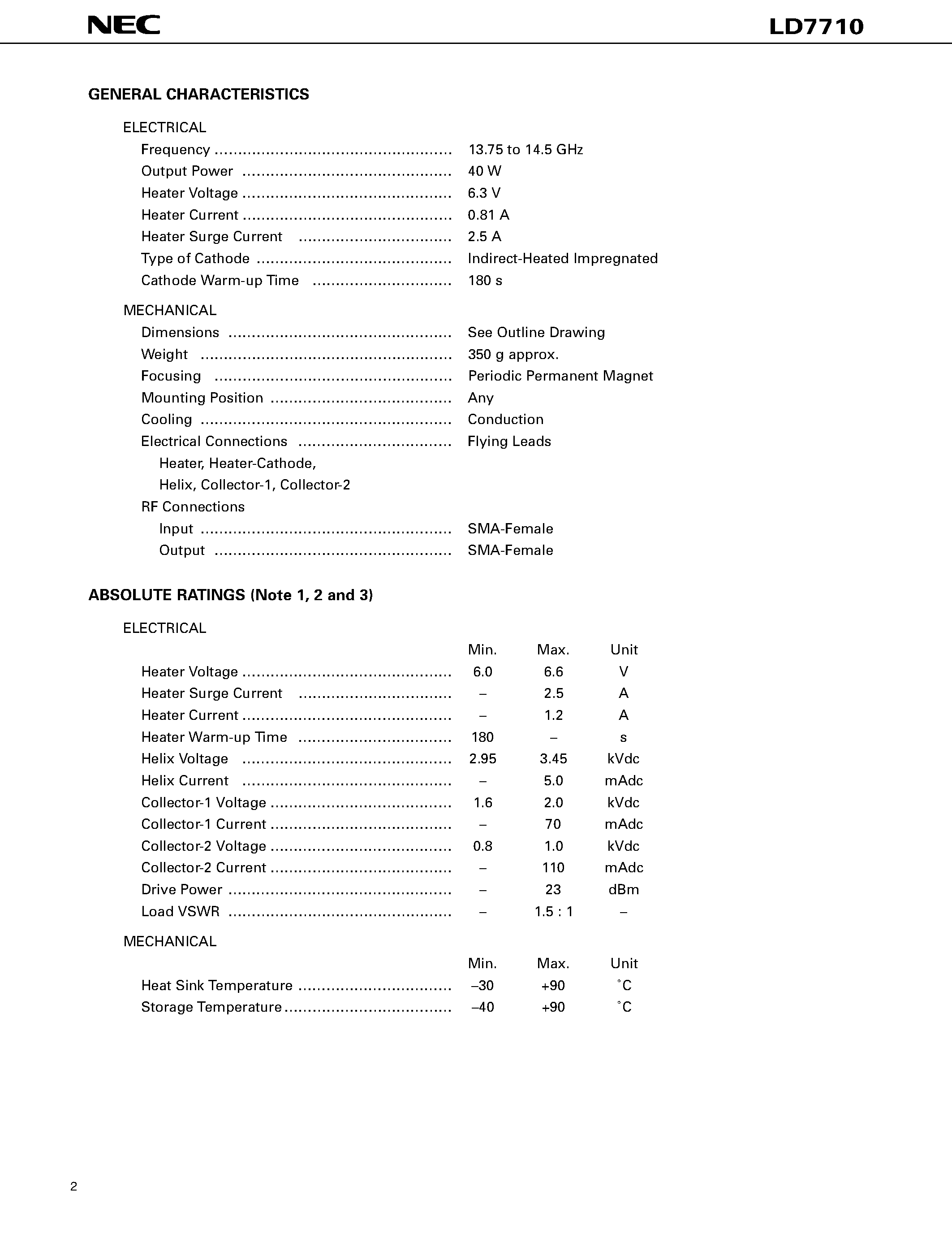 Datasheet LD7710 - 14GHz / 40 W CW PPM FOCUSING / MINIMUM SIZE page 2