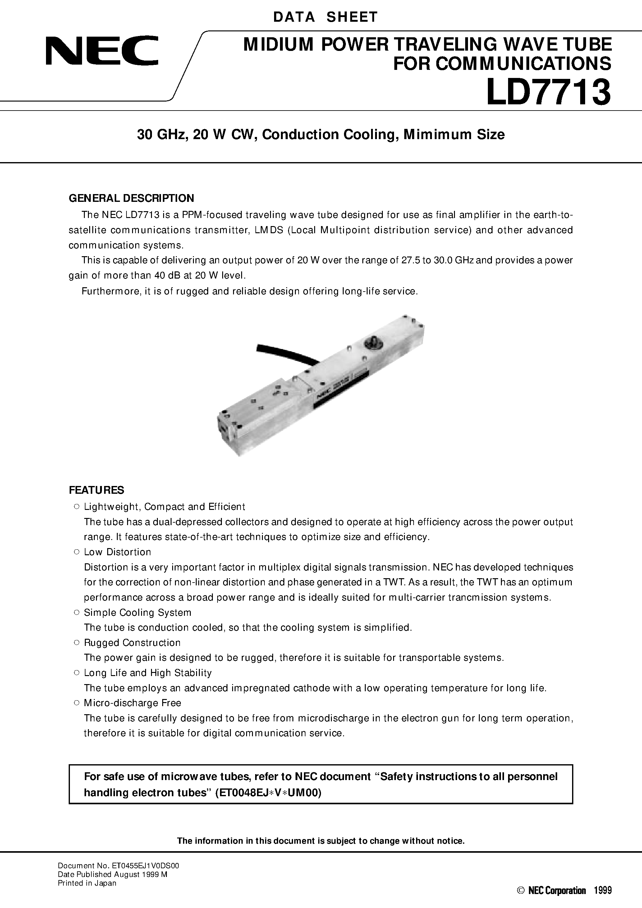 Datasheet LD7713 page 1 Datasheet LD7713 - 30 GHz / 20 W CW / Conduction Cooling / Mimimum Size page 1