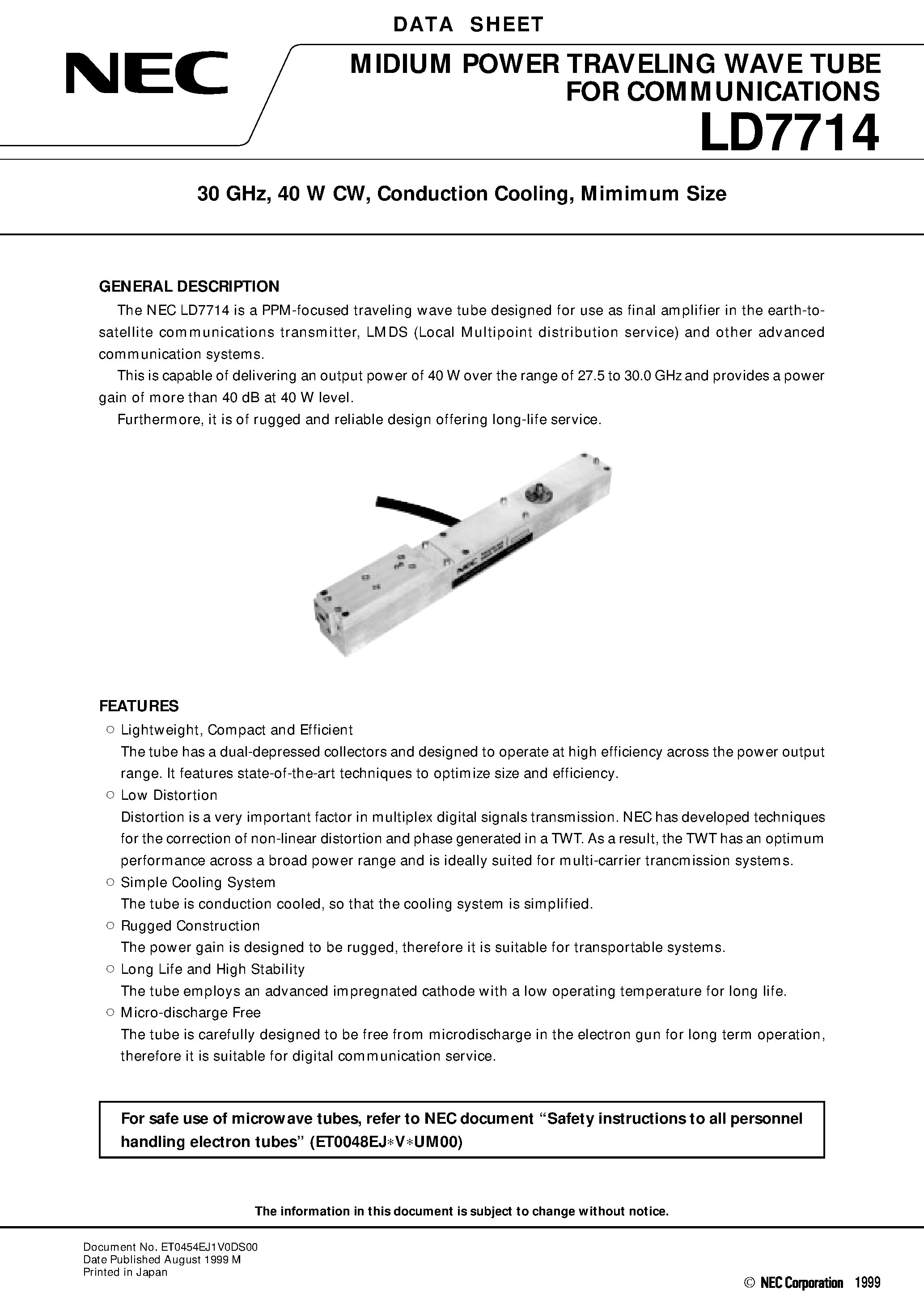 Datasheet LD7714 - 30 GHz / 40 W CW / Conduction Cooling / Mimimum Size page 1