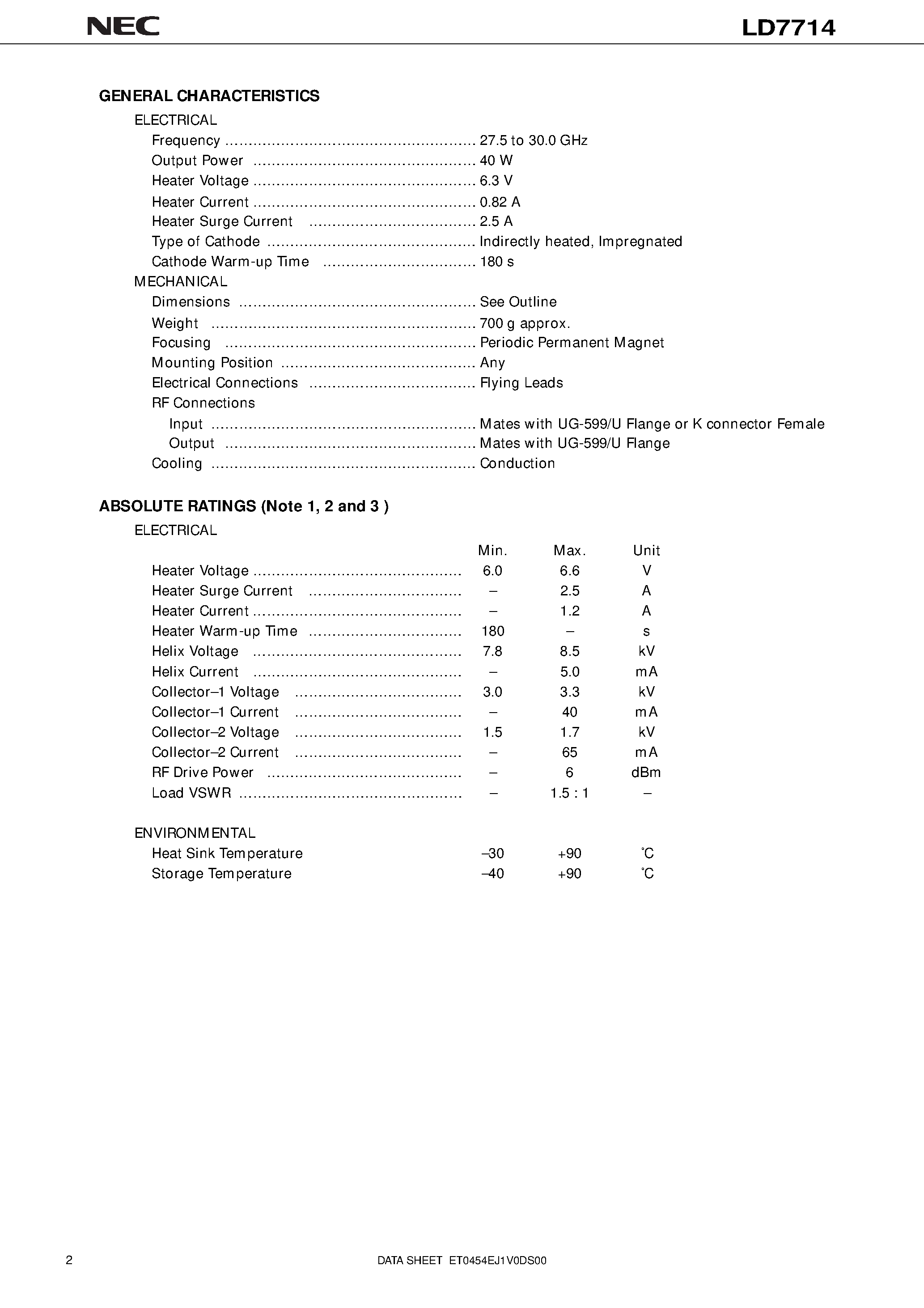 Datasheet LD7714 - 30 GHz / 40 W CW / Conduction Cooling / Mimimum Size page 2