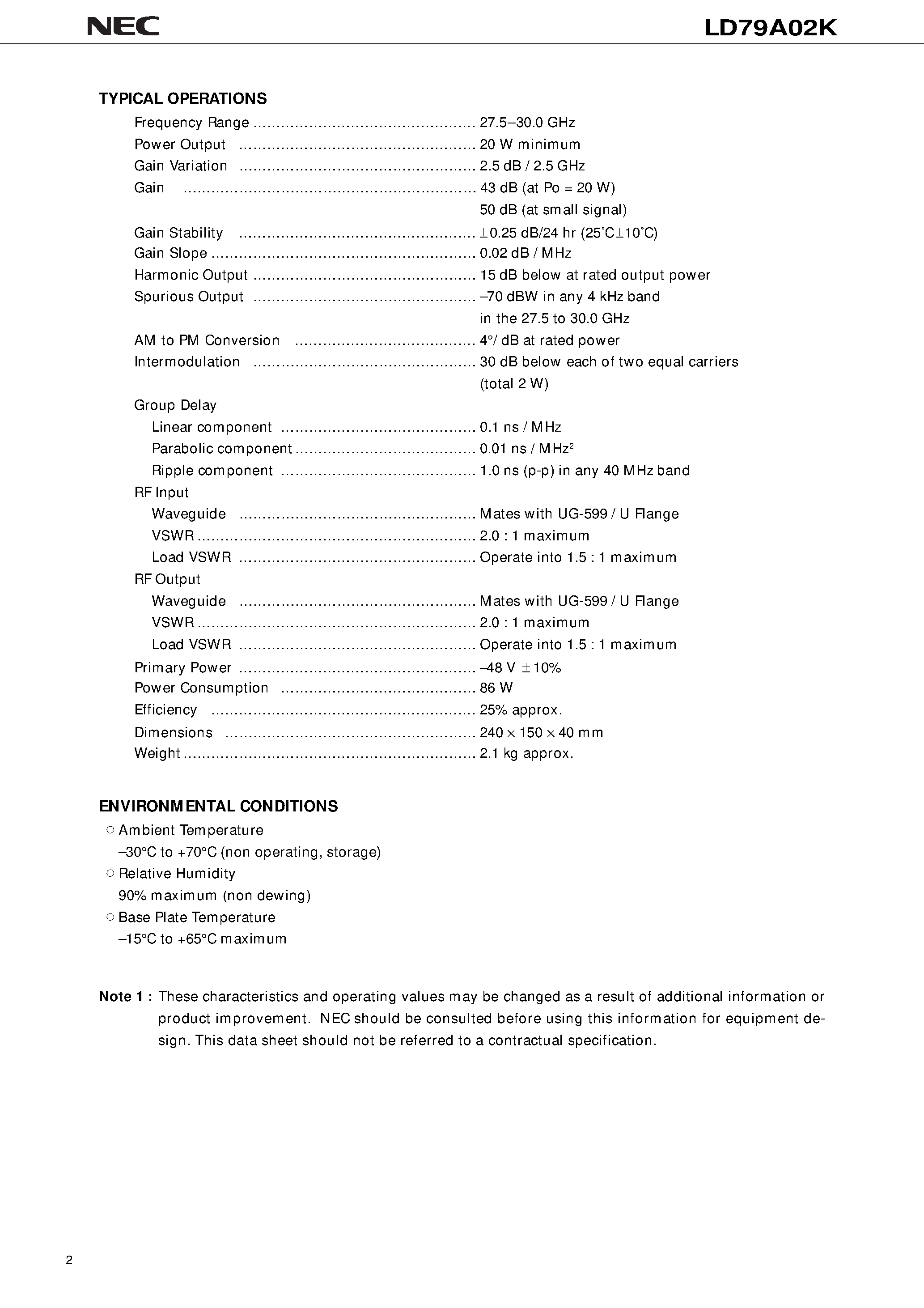 Datasheet LD79A02K page 2 Datasheet LD79A02K - 30 GHz / 20 W CW / LIGHT WEIGHT / COMPACT / EFFICIENT page 2