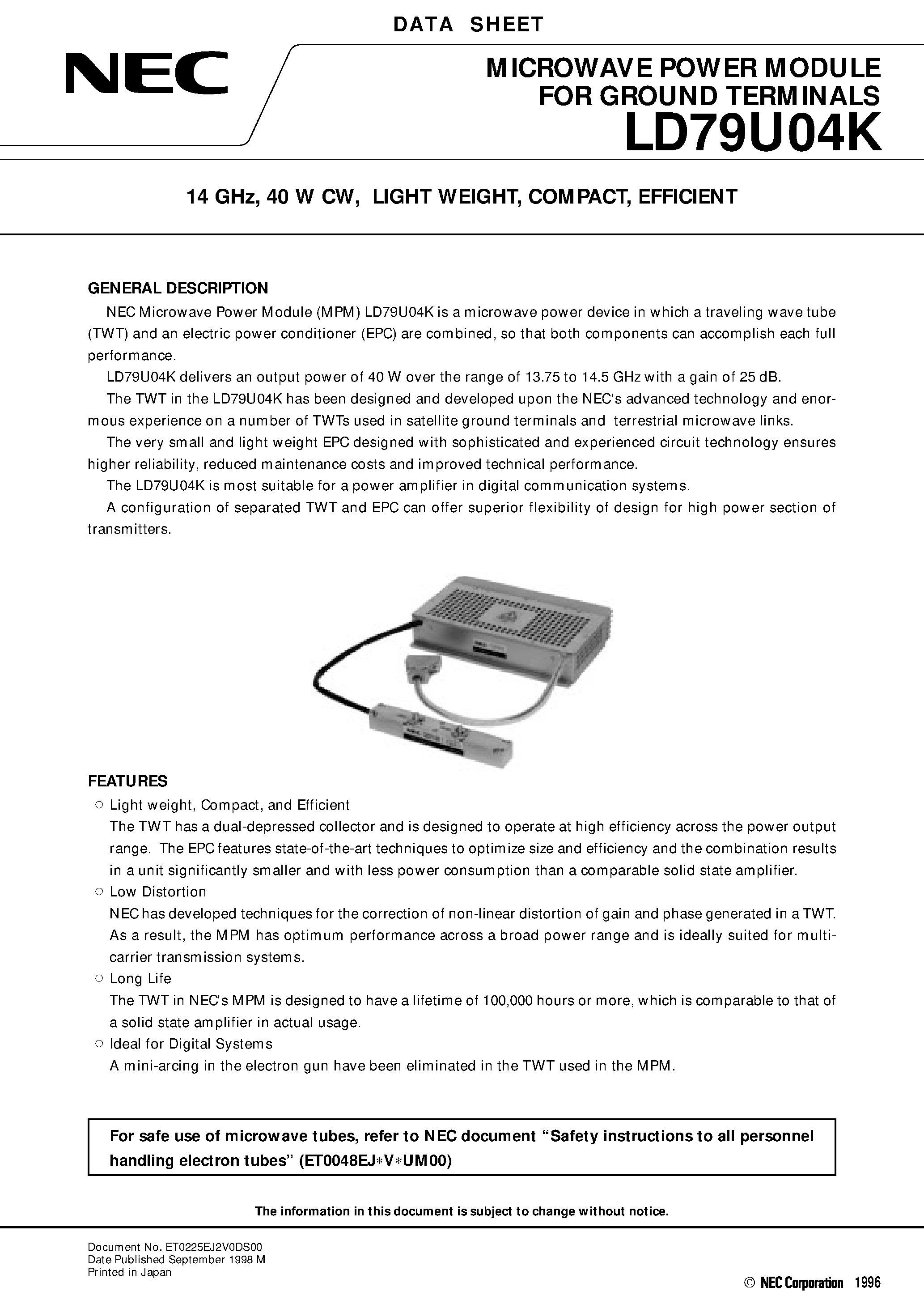 Datasheet LD79U04K - 14 GHz / 40 W CW / LIGHT WEIGHT / COMPACT / EFFICIENT page 1