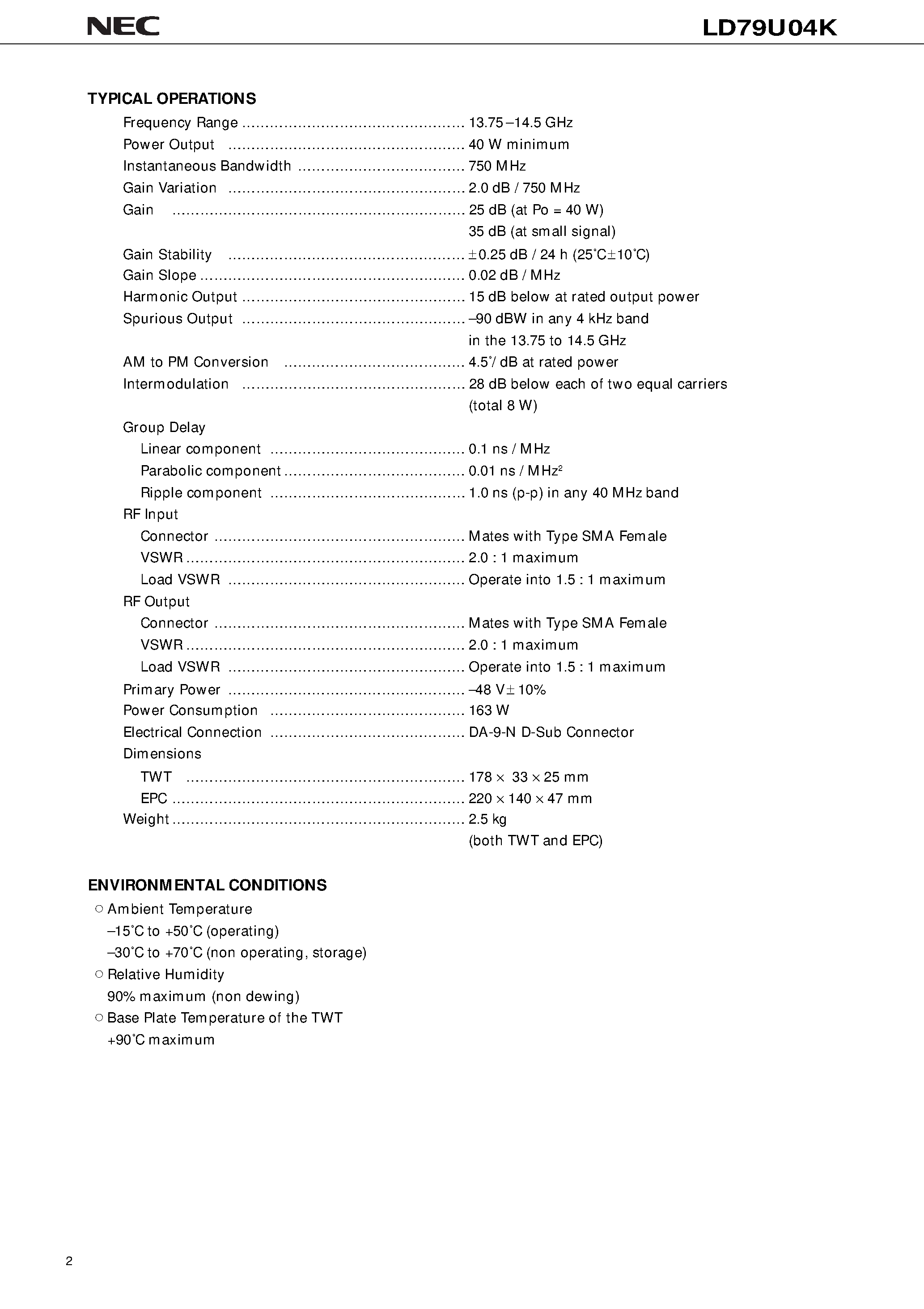 Datasheet LD79U04K - 14 GHz / 40 W CW / LIGHT WEIGHT / COMPACT / EFFICIENT page 2