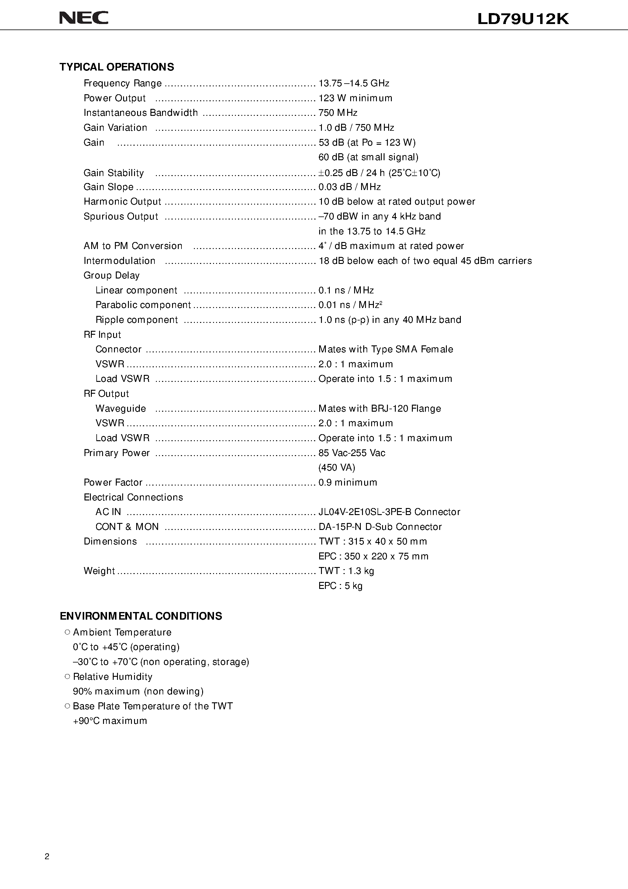 Datasheet LD79U12K - 14 GHz / 123 W CW / LIGHT WEIGHT / COMPACT / EFFICIENT page 2