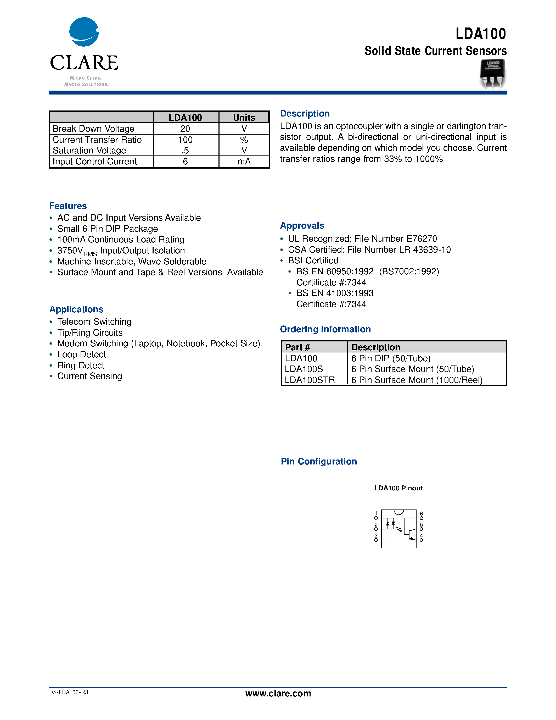 Datasheet LDA100S page 1 Datasheet LDA100S - Solid State Current Sensors page 1