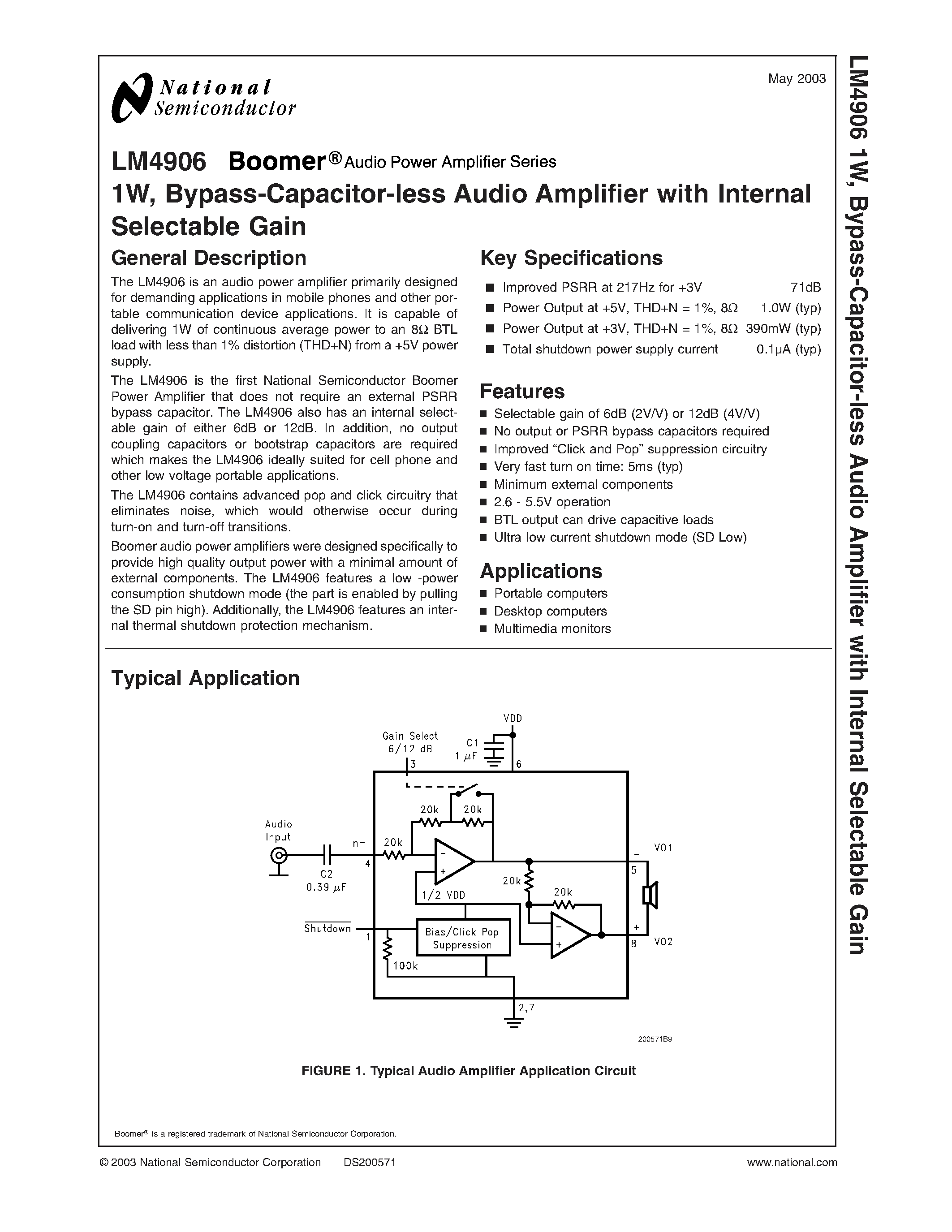 Datasheet LDA10B page 1 Datasheet LDA10B - 2 Watt Audio Power Amplifier with Selectable Shutdown Logic Level page 1