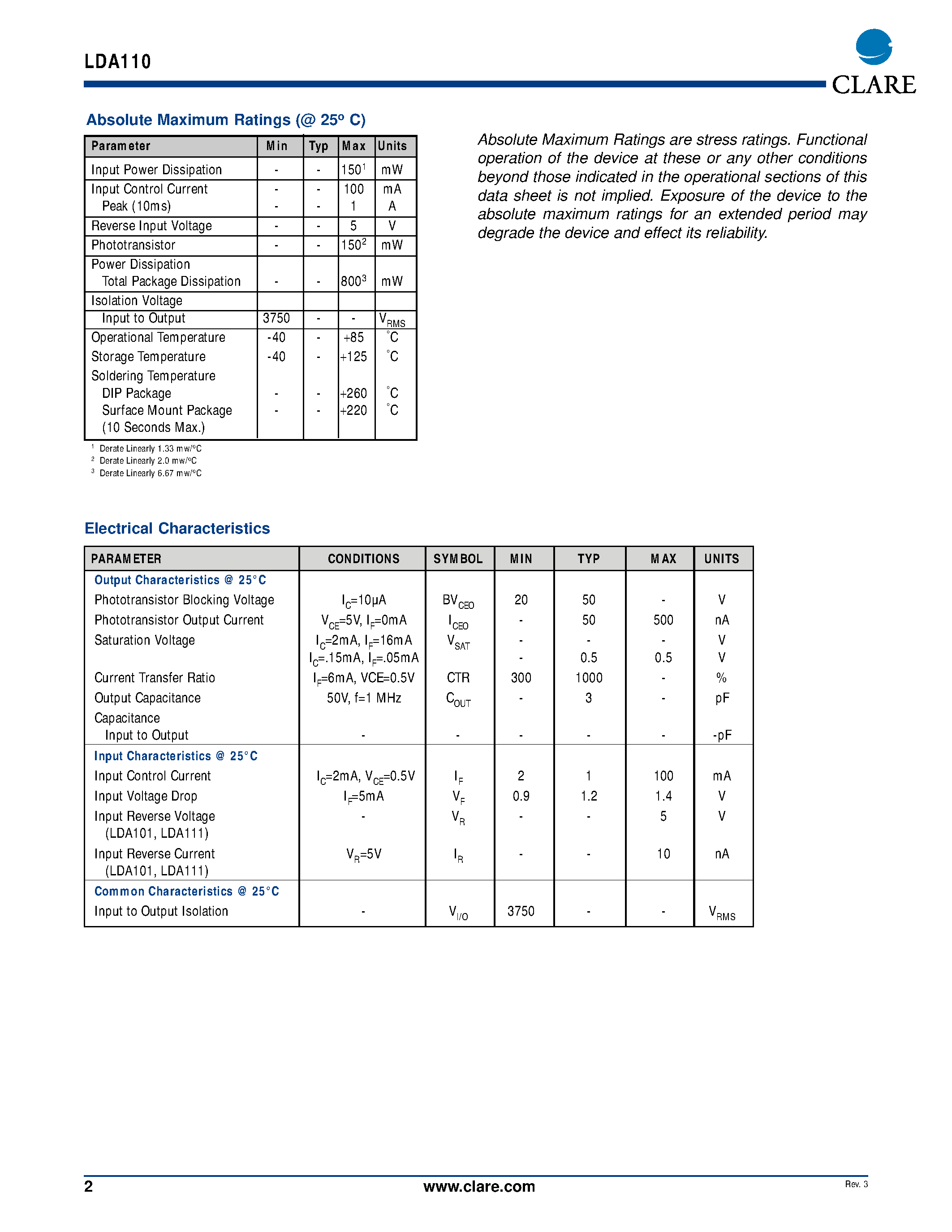 Datasheet LDA110S page 2 Datasheet LDA110S - Solid State Current Sensors page 2