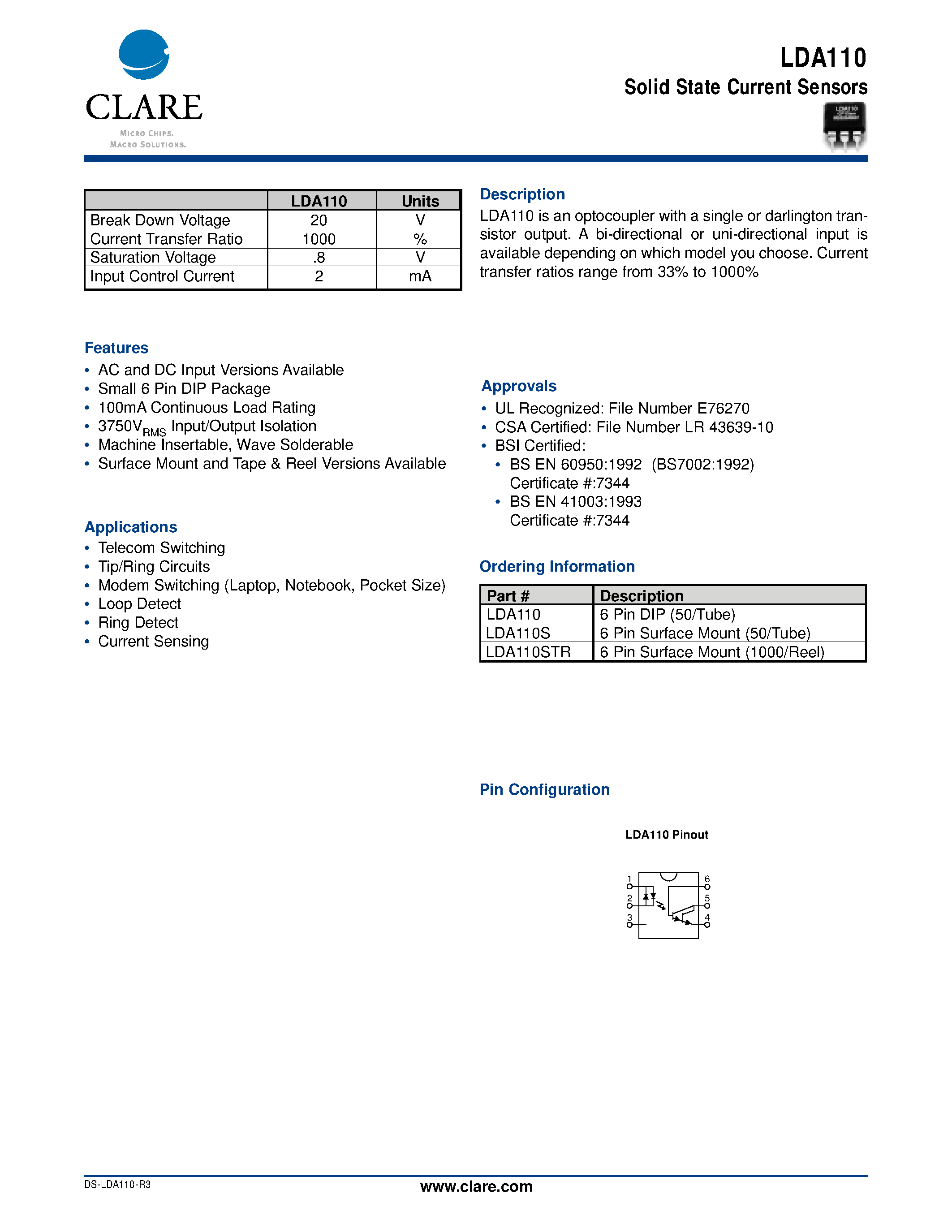 Datasheet LDA110STR page 1 Datasheet LDA110STR - Solid State Current Sensors page 1
