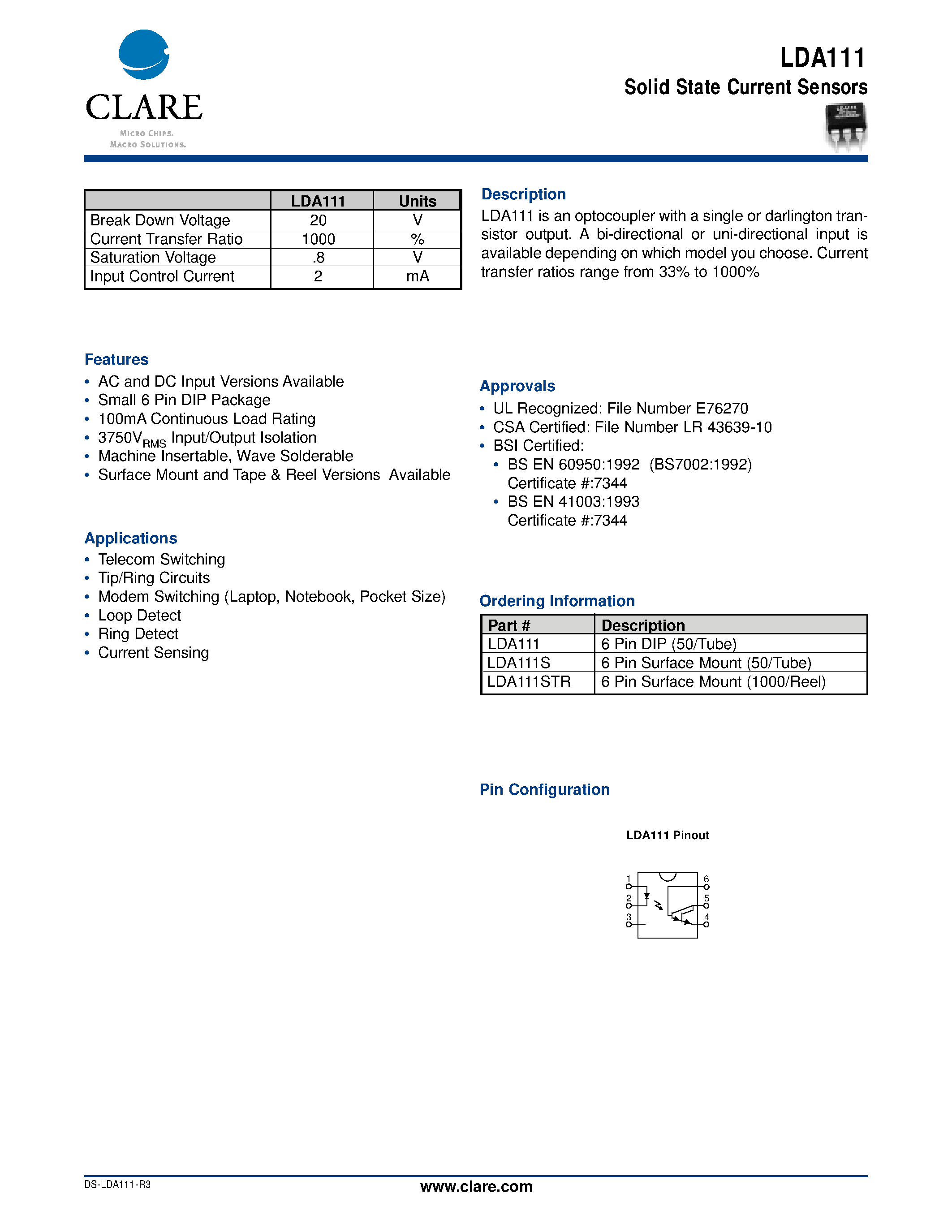 Datasheet LDA111S page 1 Datasheet LDA111S - Solid State Current Sensors page 1
