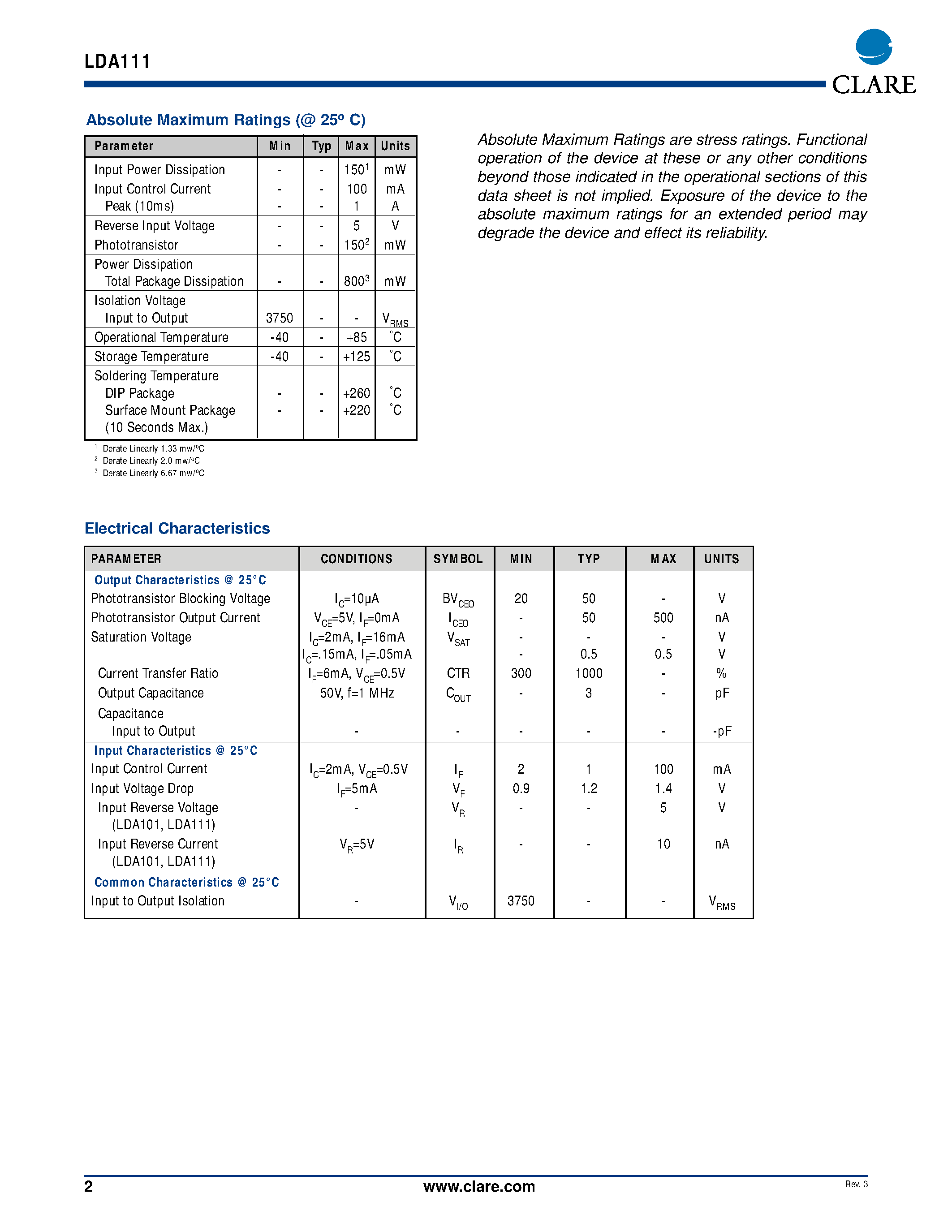 Datasheet LDA111S page 2 Datasheet LDA111S - Solid State Current Sensors page 2