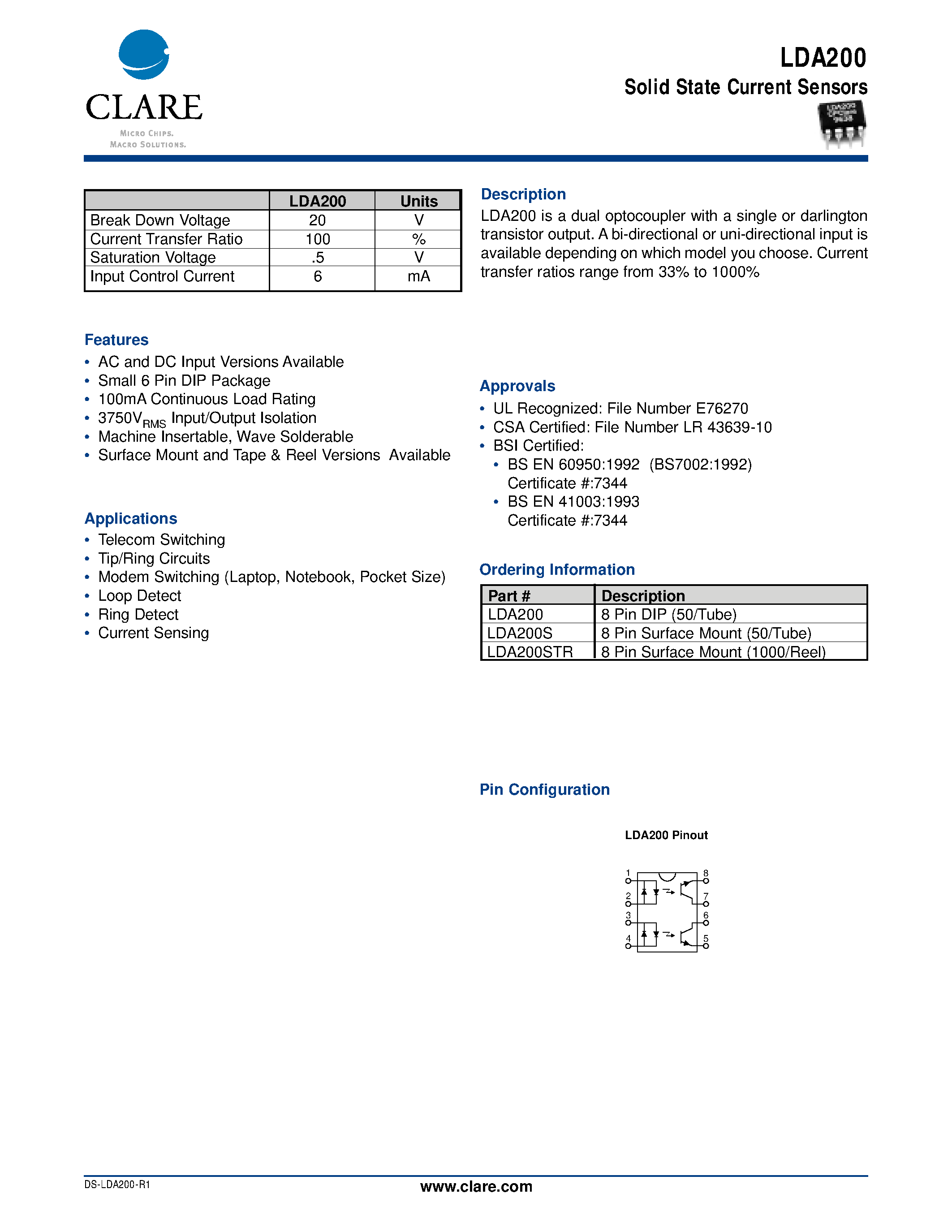 Datasheet LDA200STR page 1 Datasheet LDA200STR - Solid State Current Sensors page 1