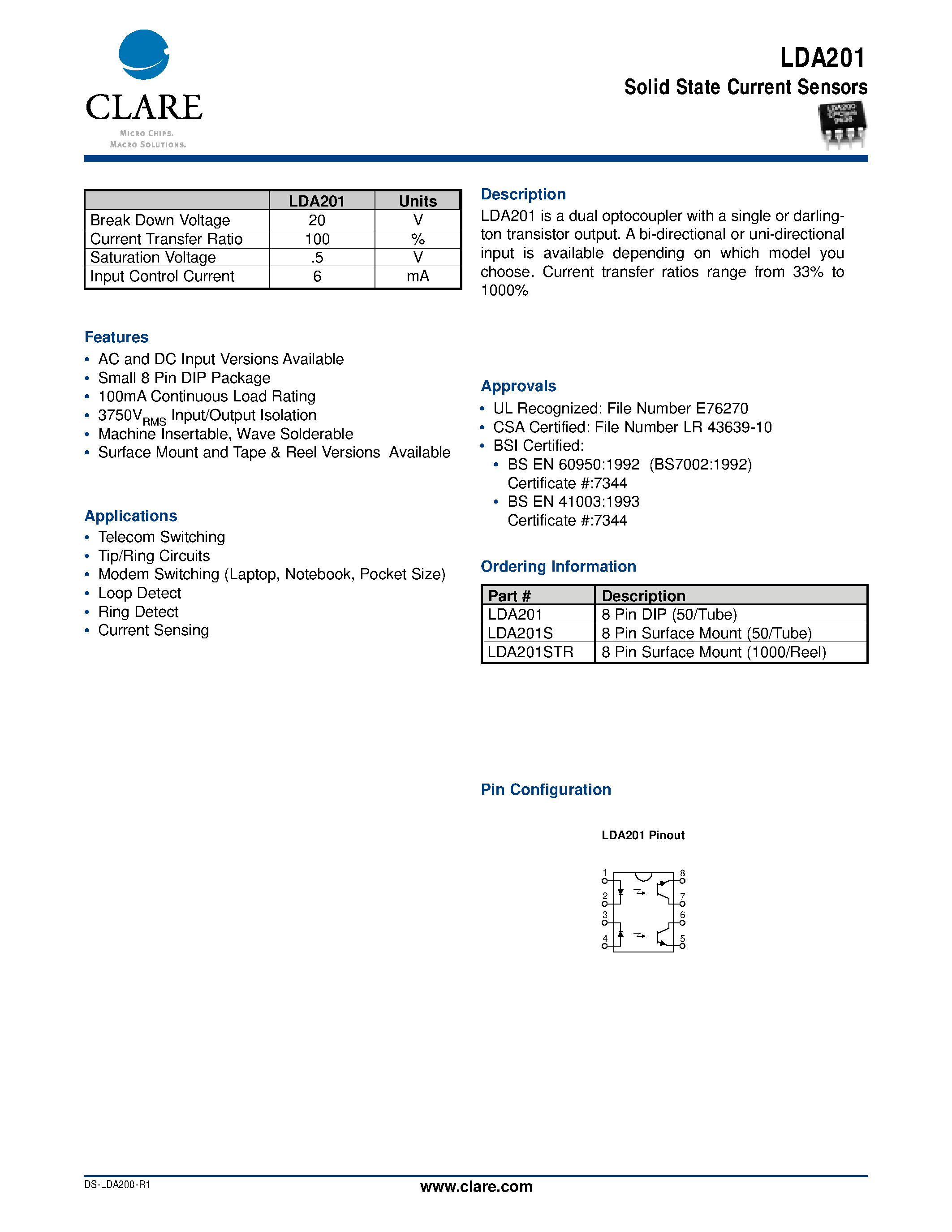 Datasheet LDA201S page 1 Datasheet LDA201S - Solid State Current Sensors page 1