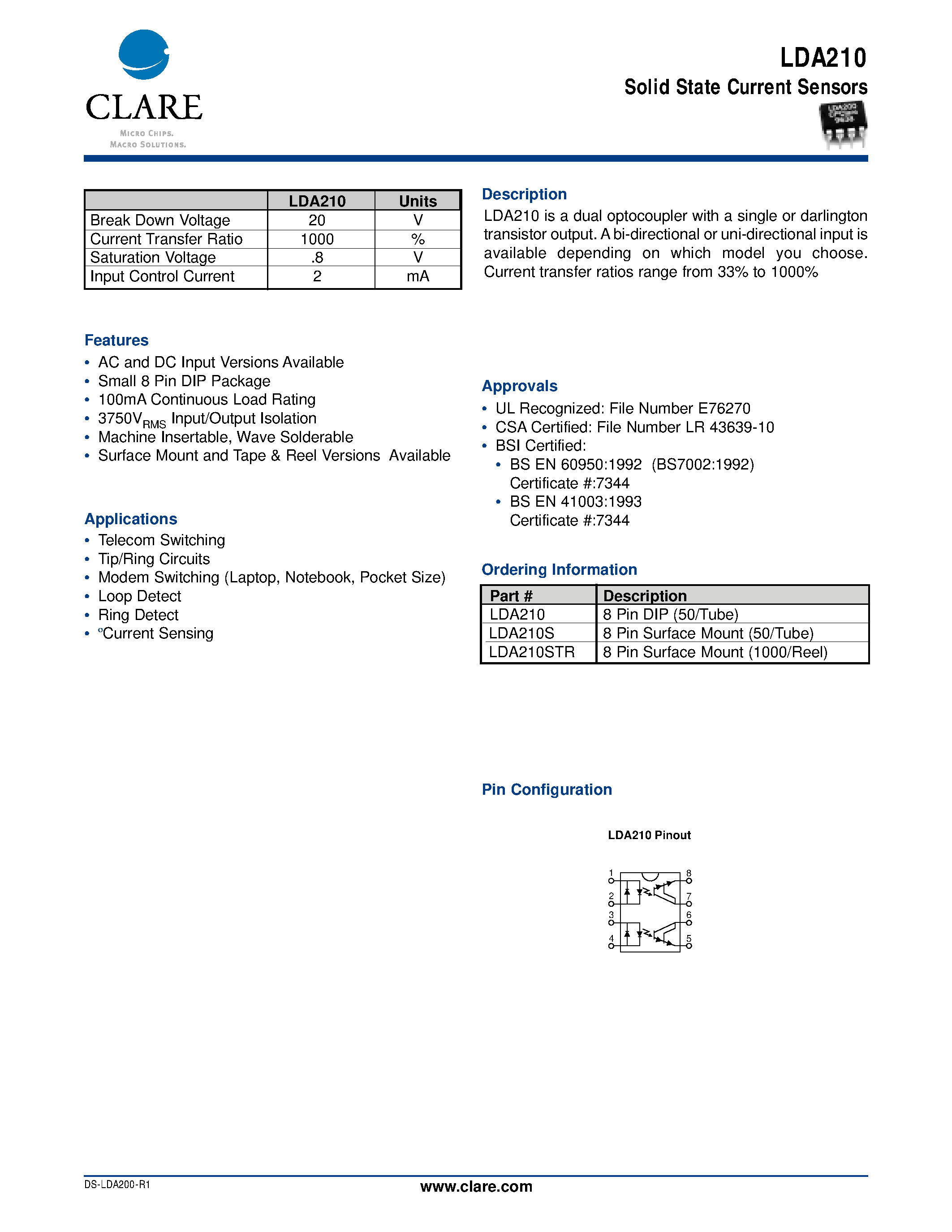 Datasheet LDA210 page 1 Datasheet LDA210 - Solid State Current Sensors page 1