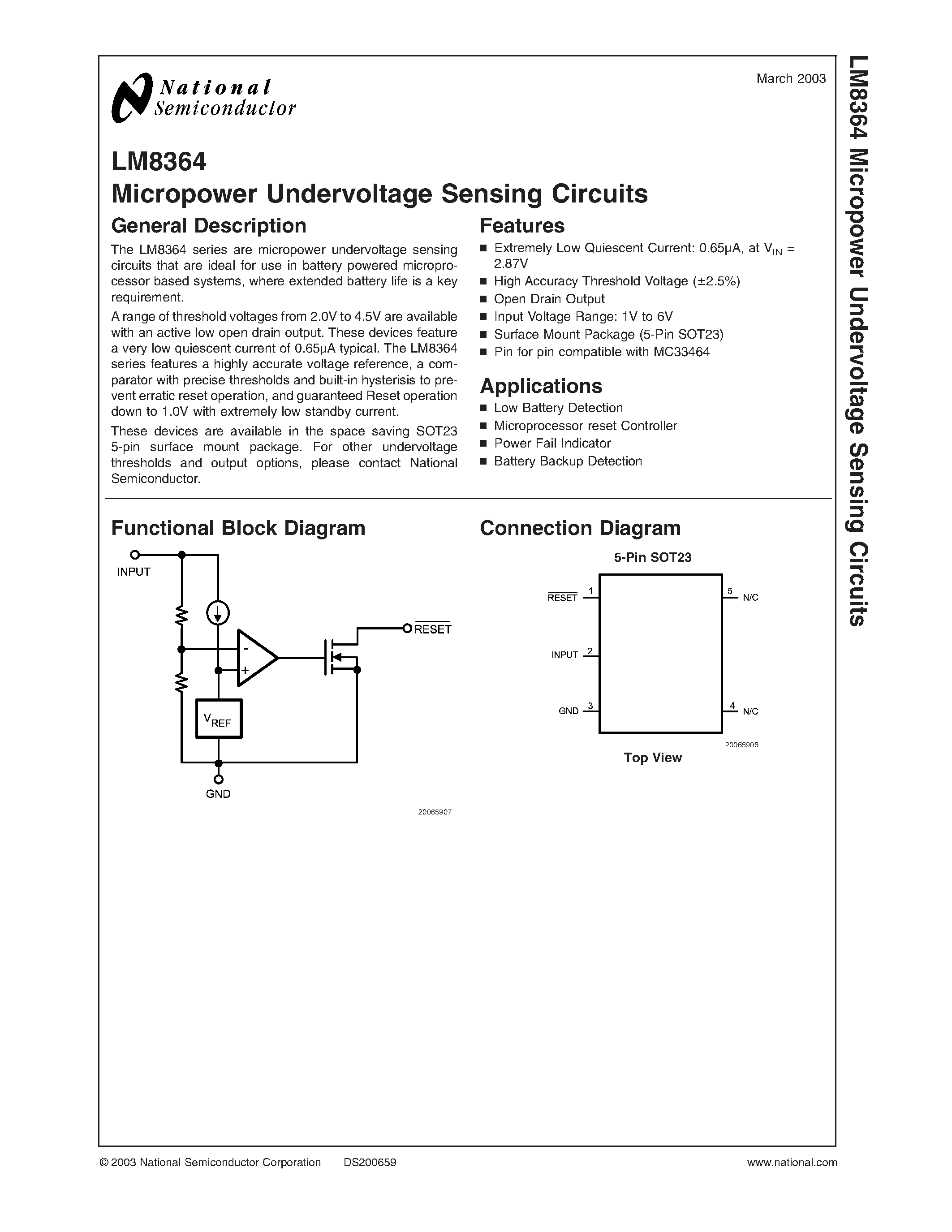 Даташит LM8364BALMFX20 - Micropower Undervoltage Sensing Circuits страница 1