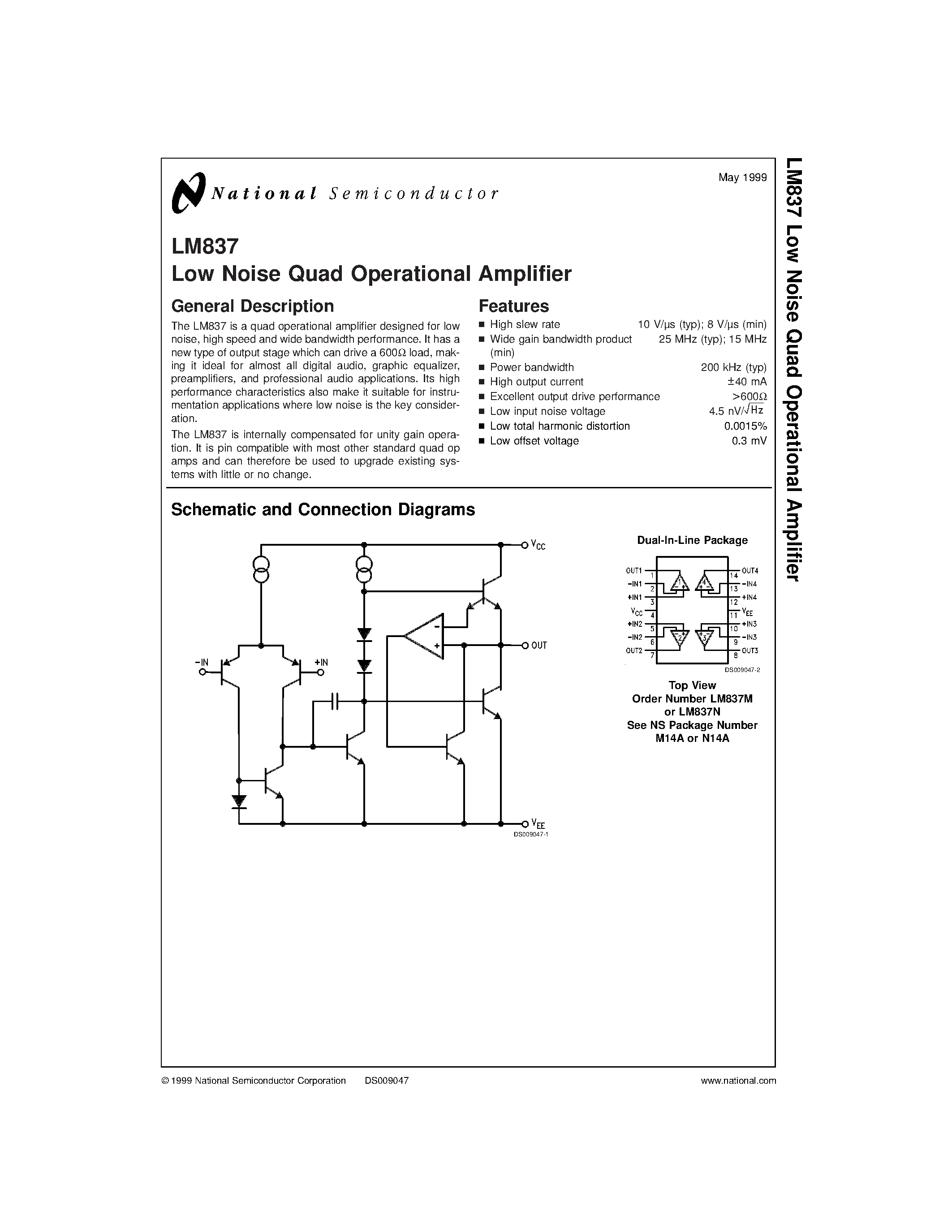 Даташит LM837 - Low Noise Quad Operational Amplifier страница 1