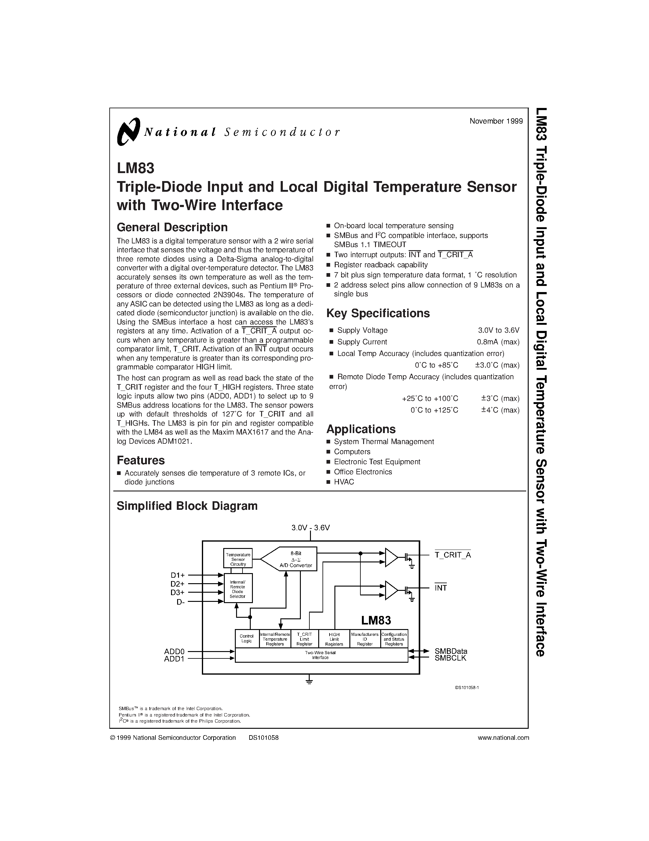 Даташит LM83CIMQA - Triple-Diode Input and Local Digital Temperature Sensor with Two-Wire Interface страница 1