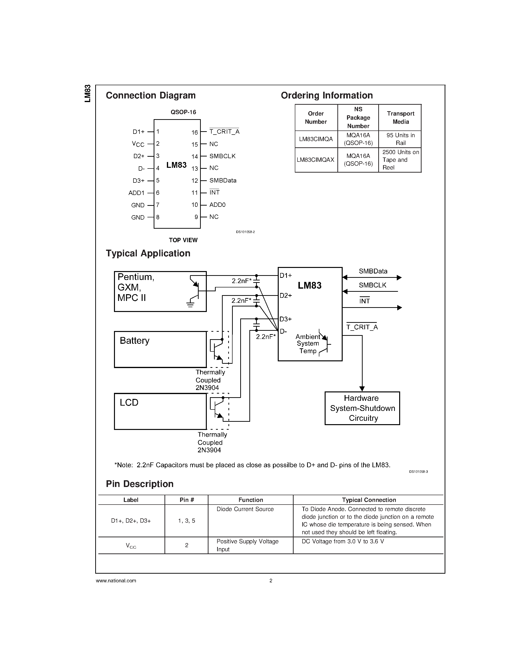 Даташит LM83CIMQA - Triple-Diode Input and Local Digital Temperature Sensor with Two-Wire Interface страница 2