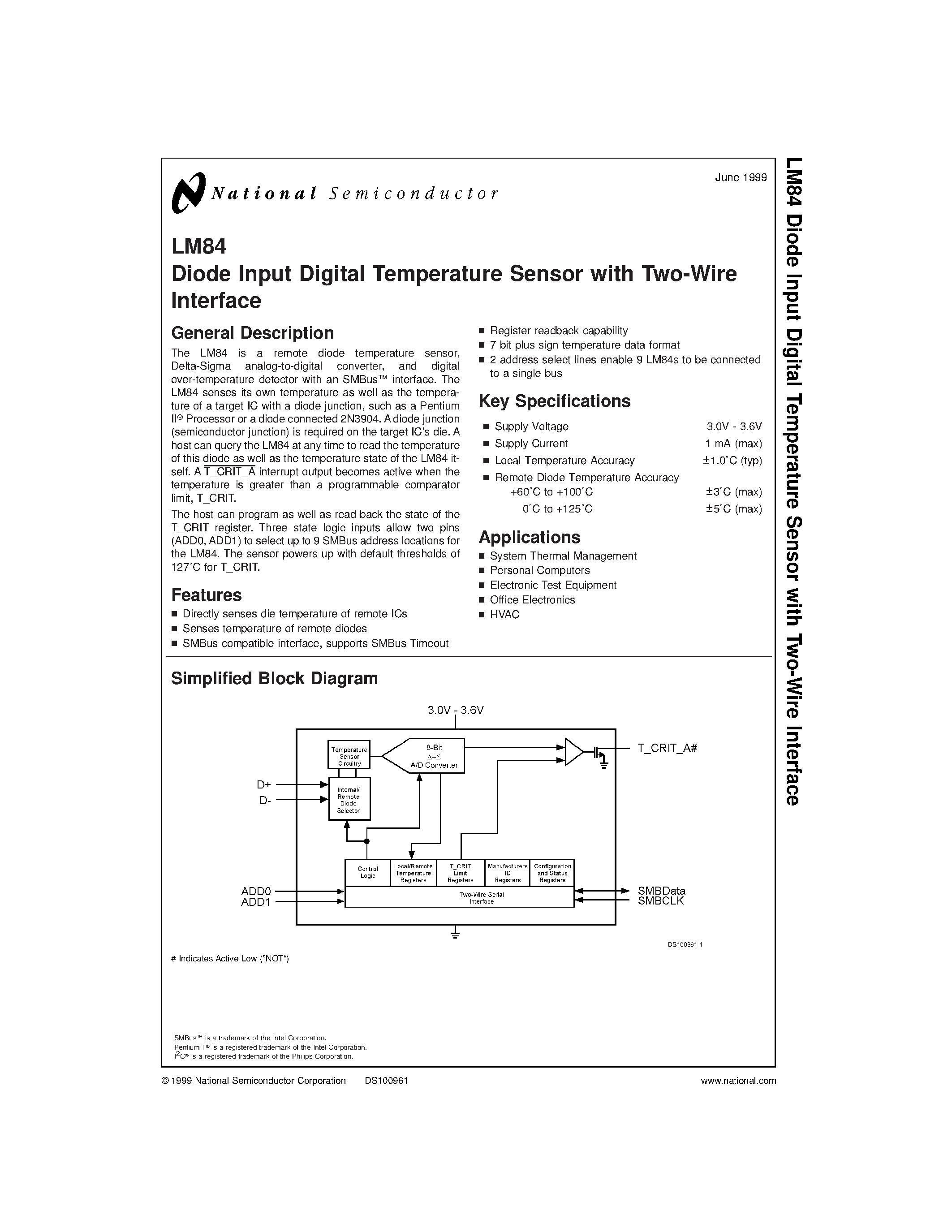 Даташит LM84 - Diode Input Digital Temperature Sensor with Two-Wire Interface страница 1