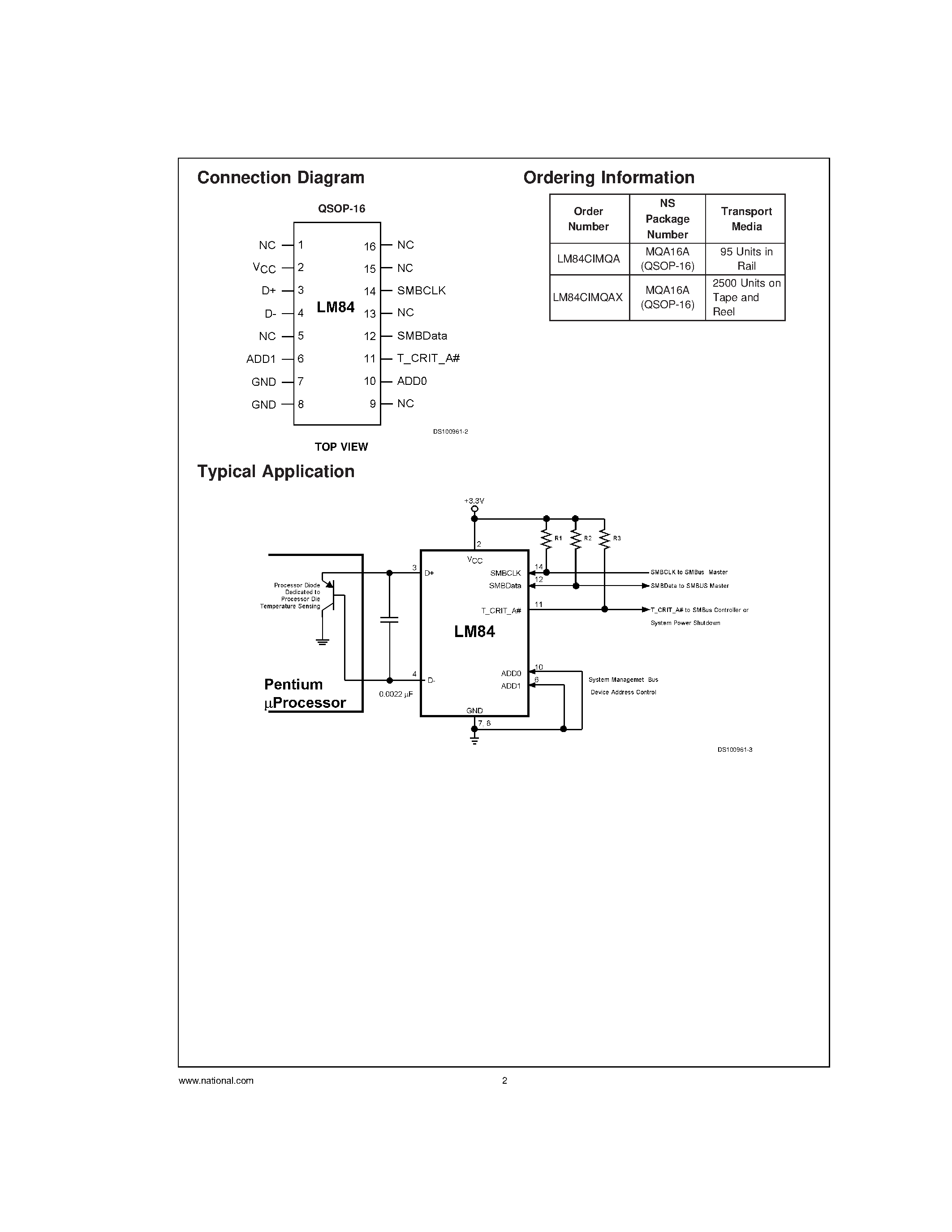 Даташит LM84 - Diode Input Digital Temperature Sensor with Two-Wire Interface страница 2