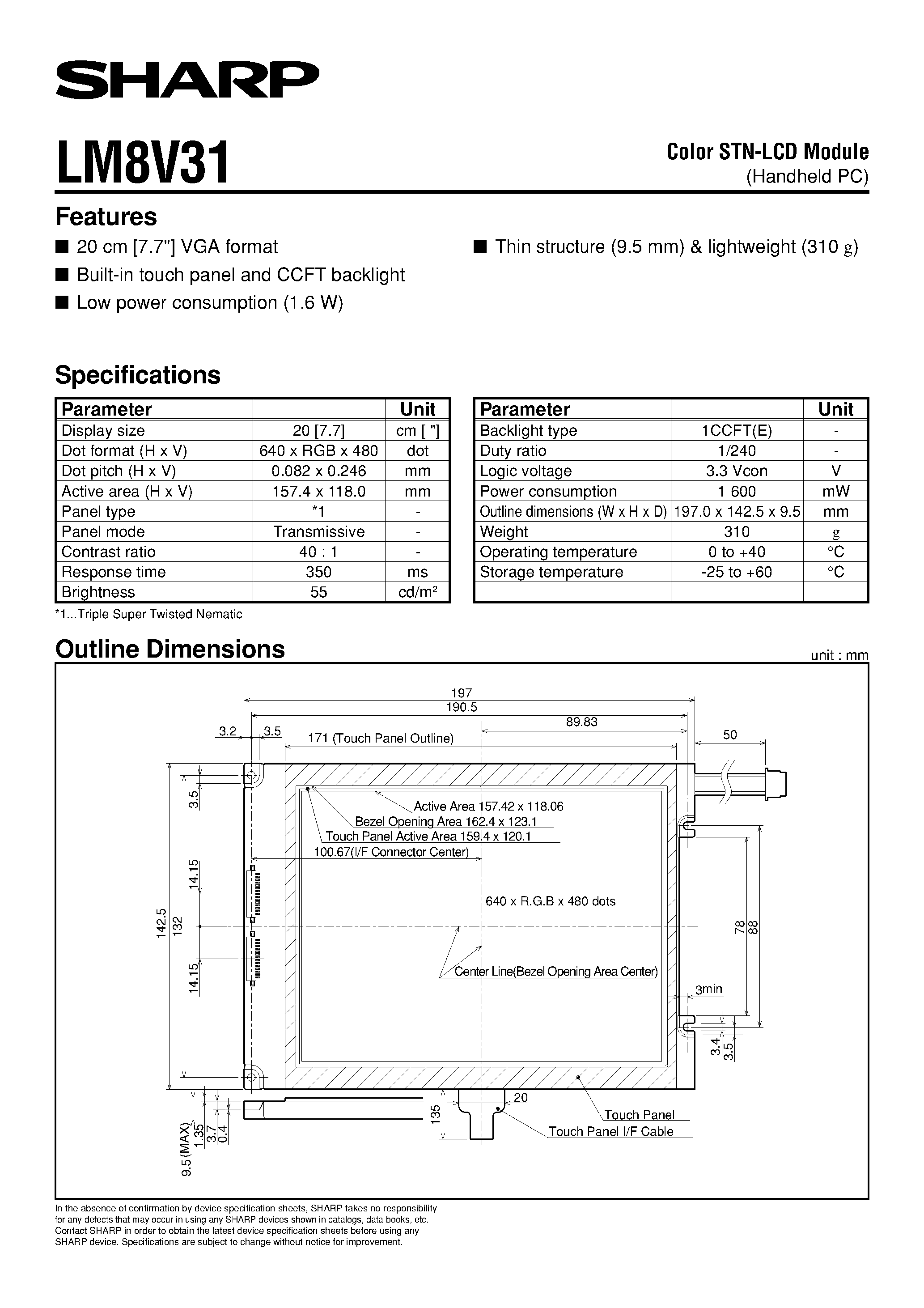 Datasheet LM8V31 page 1 Datasheet LM8V31 - Color STN-LCD Module(Handheld PC) page 1