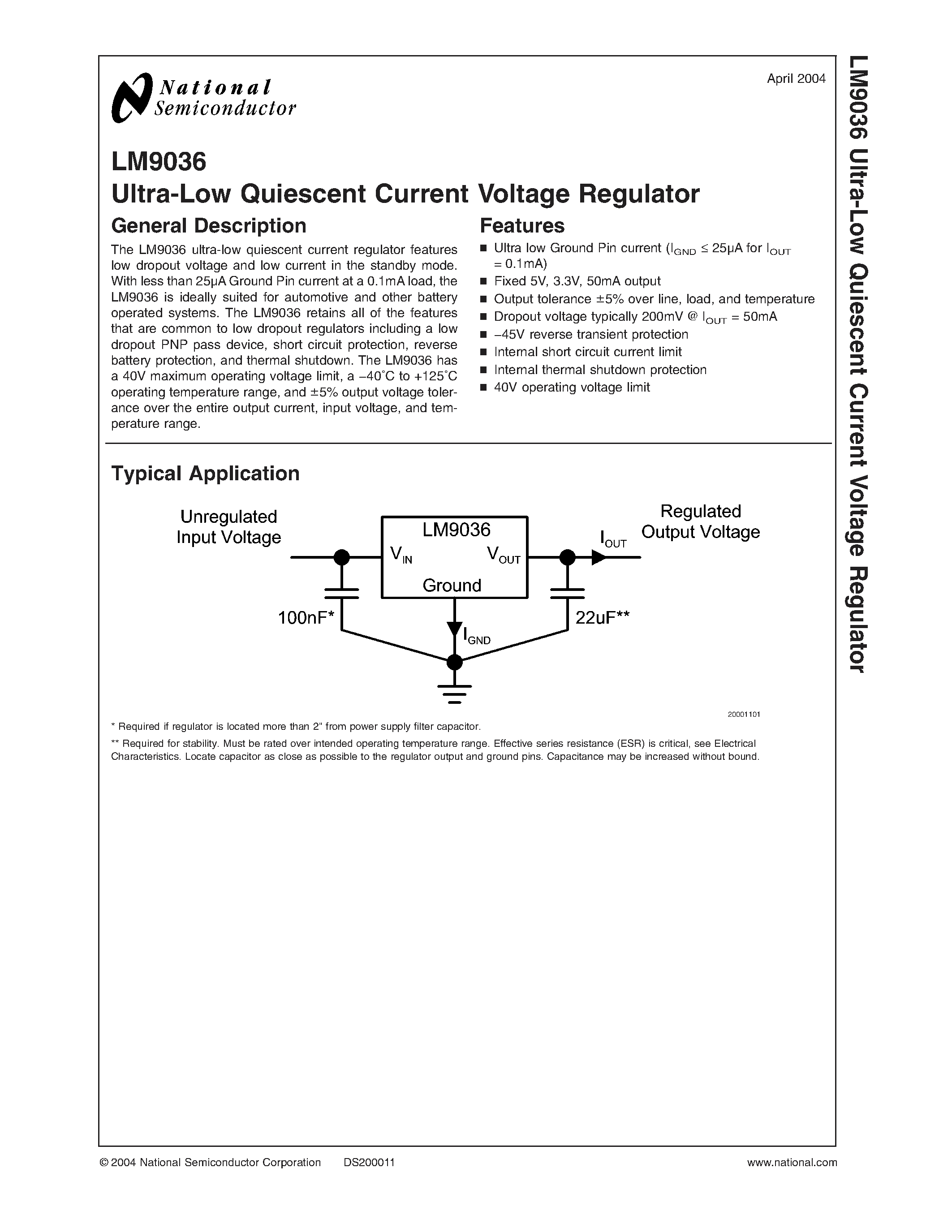 Datasheet LM9036M-3.3 - Ultra-Low Quiescent Current Voltage Regulator page 1