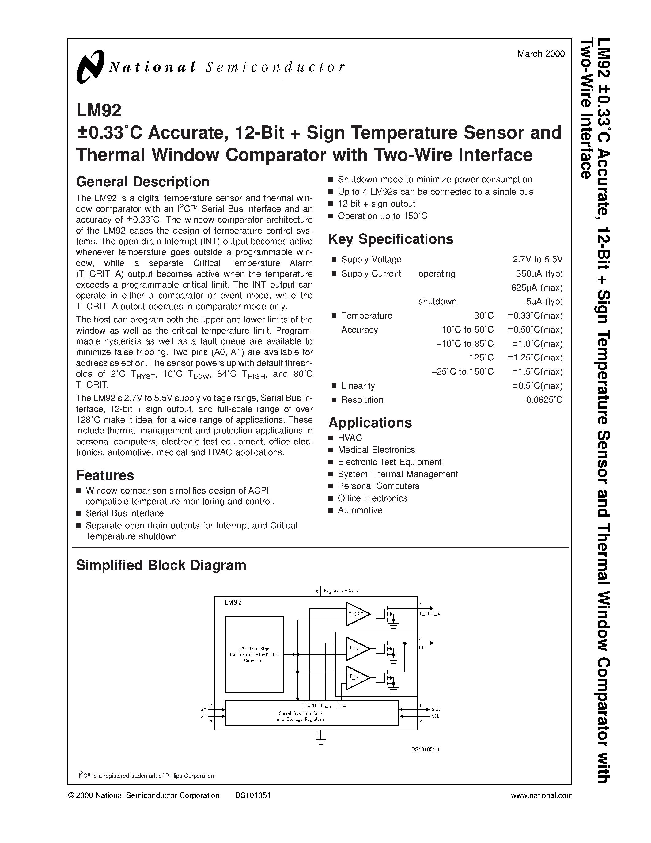 Datasheet LM92 - 0.33C Accurate / 12-Bit Sign Temperature Sensor and Thermal Window Comparator with Two-Wire Interface page 1
