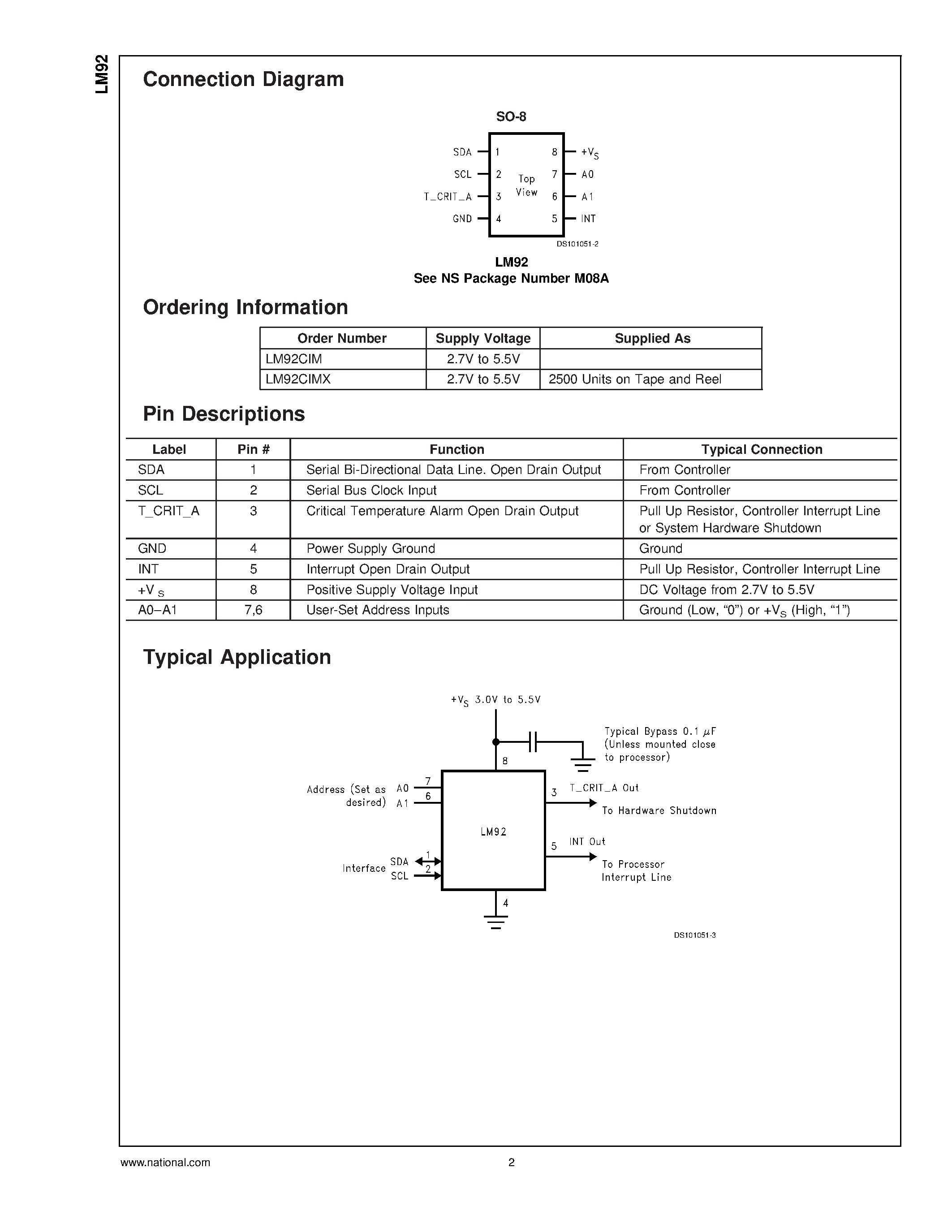 Datasheet LM92CIMX page 2 Datasheet LM92CIMX - 0.33C Accurate / 12-Bit Sign Temperature Sensor and Thermal Window Comparator with Two-Wire Interface page 2