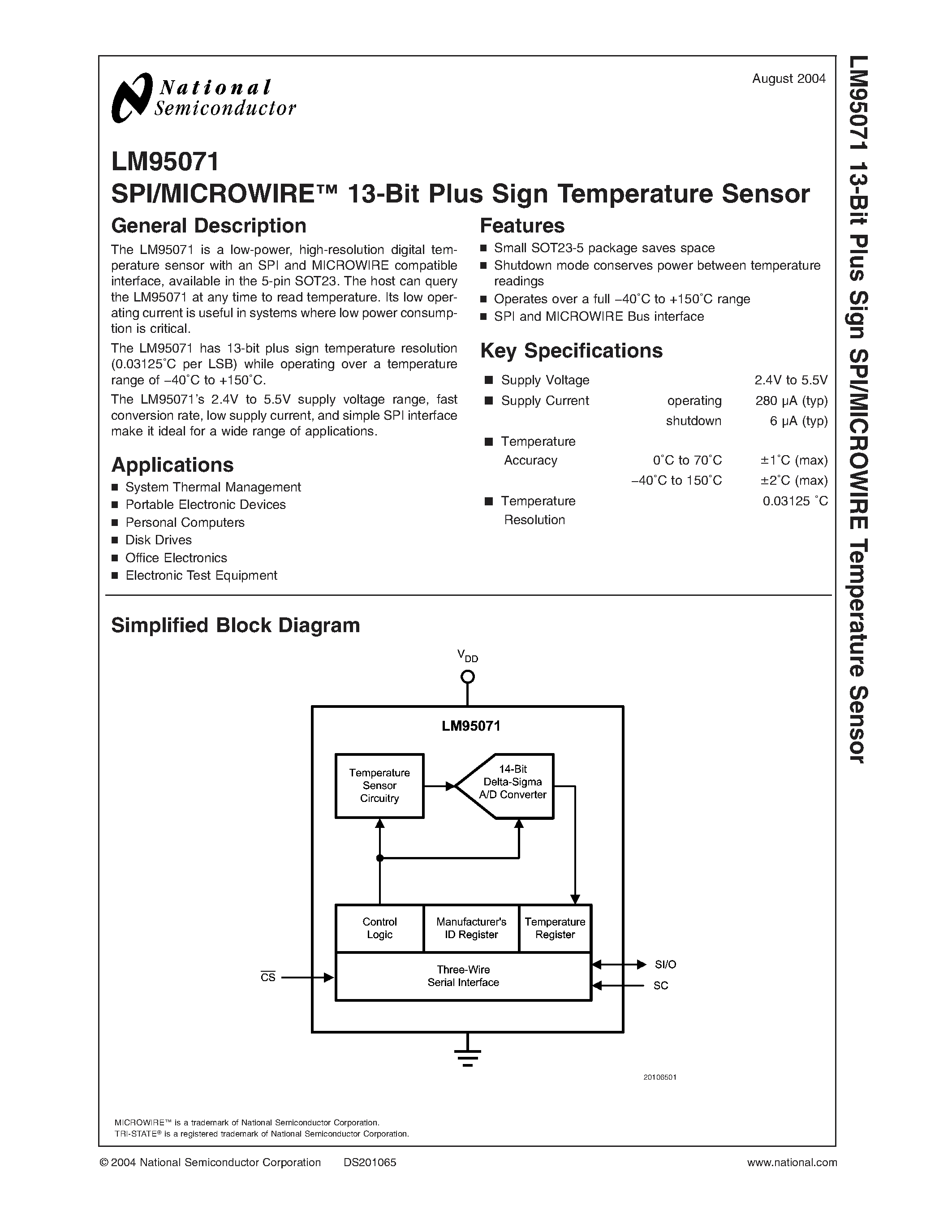 Datasheet LM95071 - SPI/MICROWIRE 13-Bit Plus Sign Temperature Sensor page 1