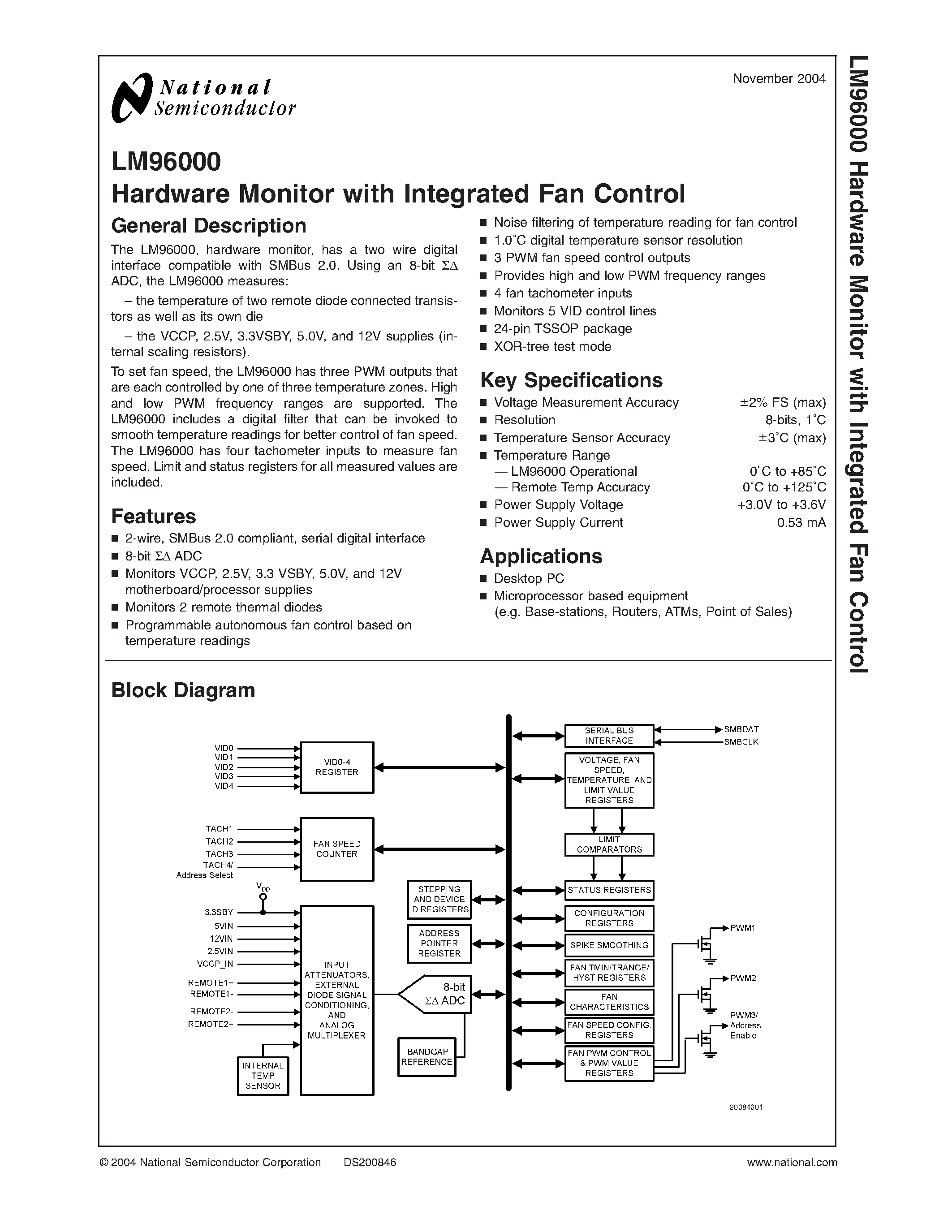 Datasheet LM96000CIMTX page 1 Datasheet LM96000CIMTX - Hardware Monitor with Integrated Fan Control page 1