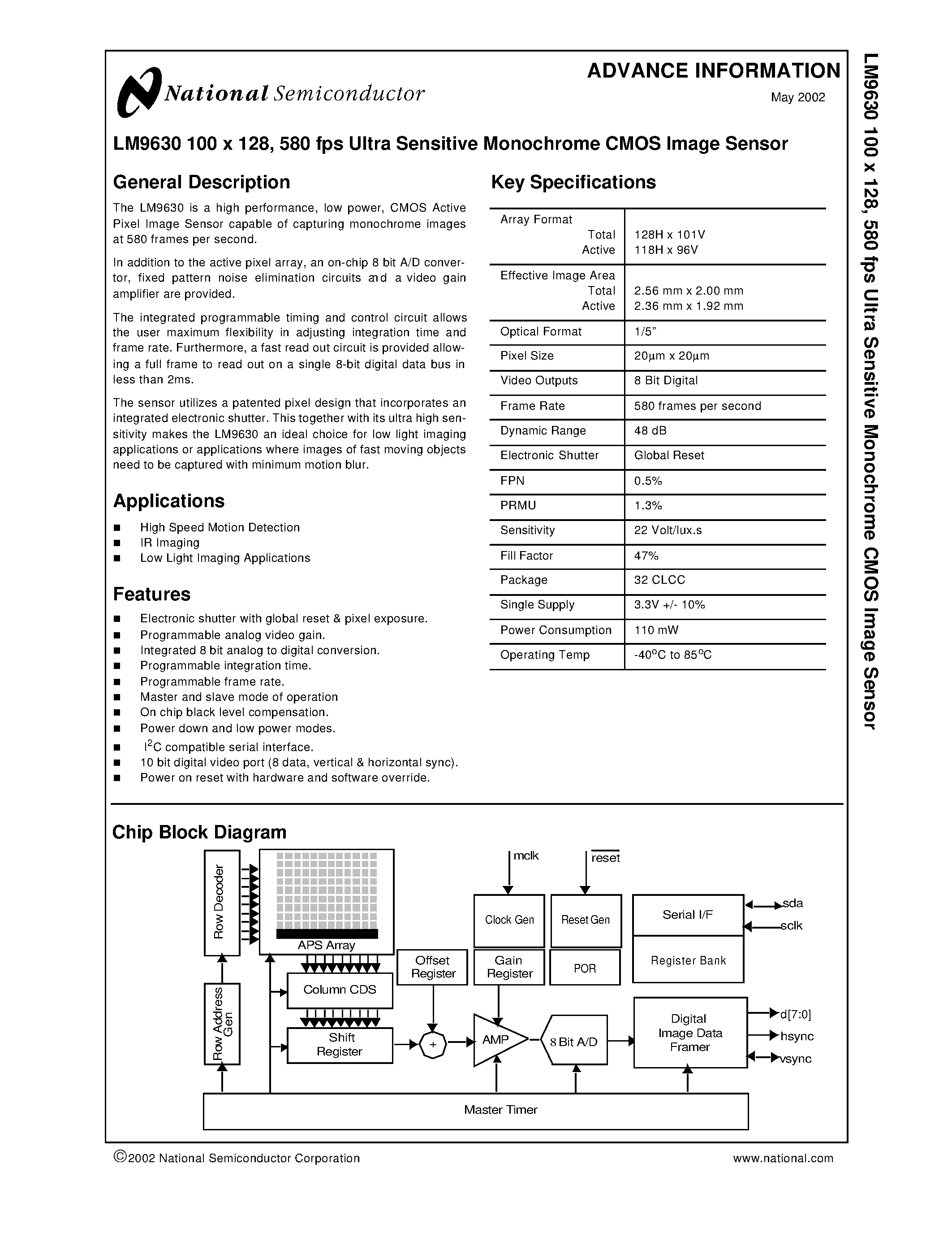 Даташит LM9630BIEA - LM9630 100 x 128 / 580 fps Ultra Sensitive Monochrome CMOS Image Sensor страница 1