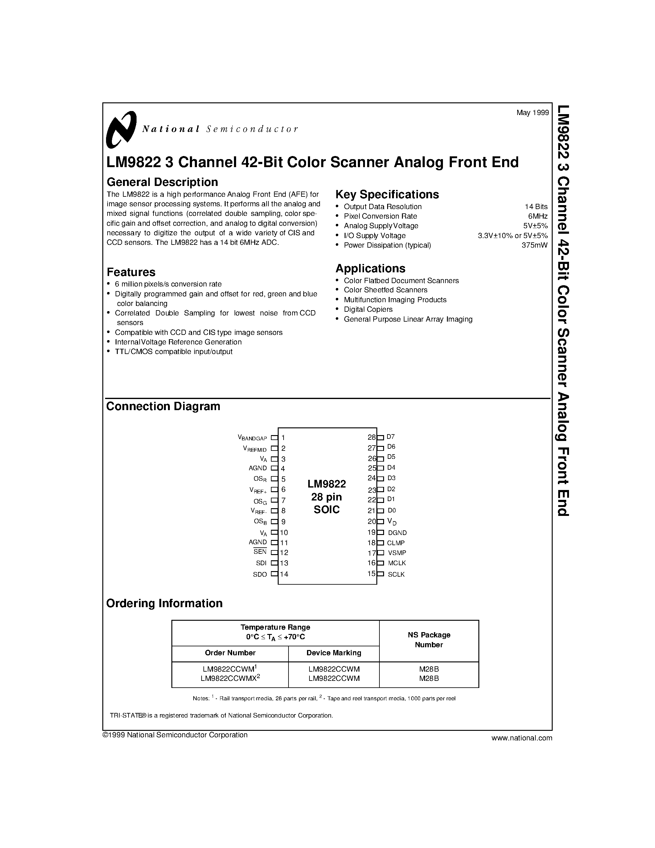 Datasheet LM9822CCWMX2 - LM9822 3 Channel 42-Bit Color Scanner Analog Front End page 1