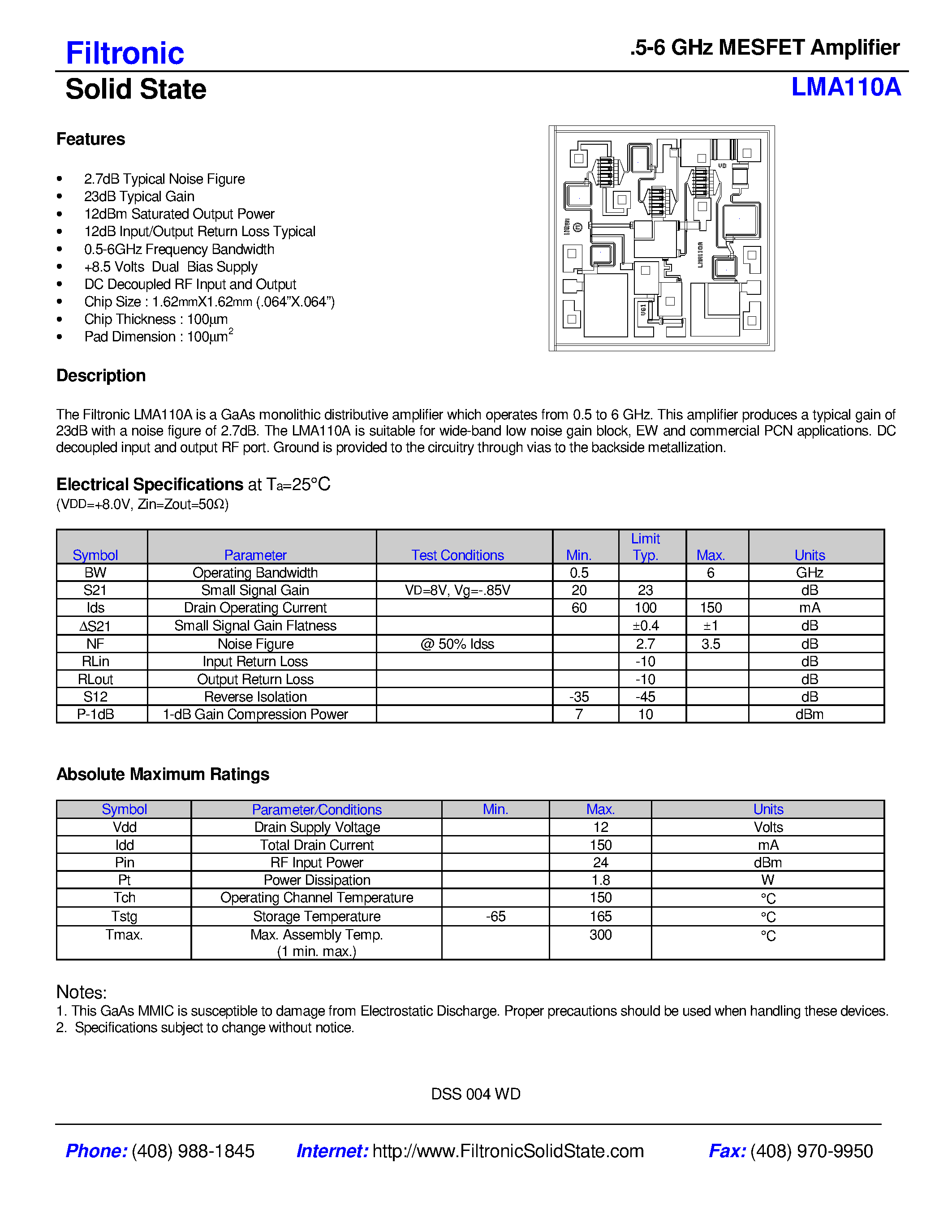 Datasheet LMA110 - .5-8GHz MESFET Amplifier page 1
