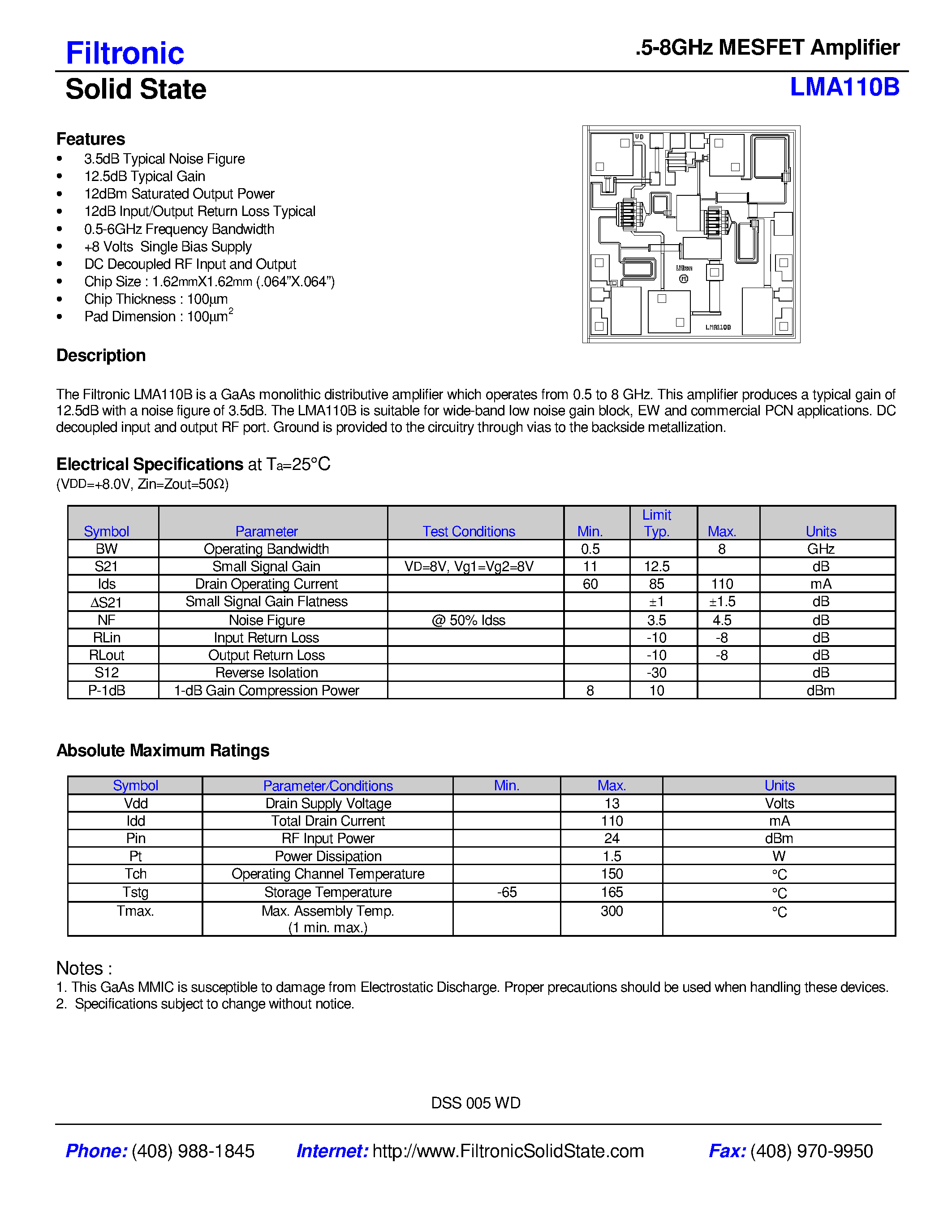 Datasheet LMA110B - .5-8GHz MESFET Amplifier page 1