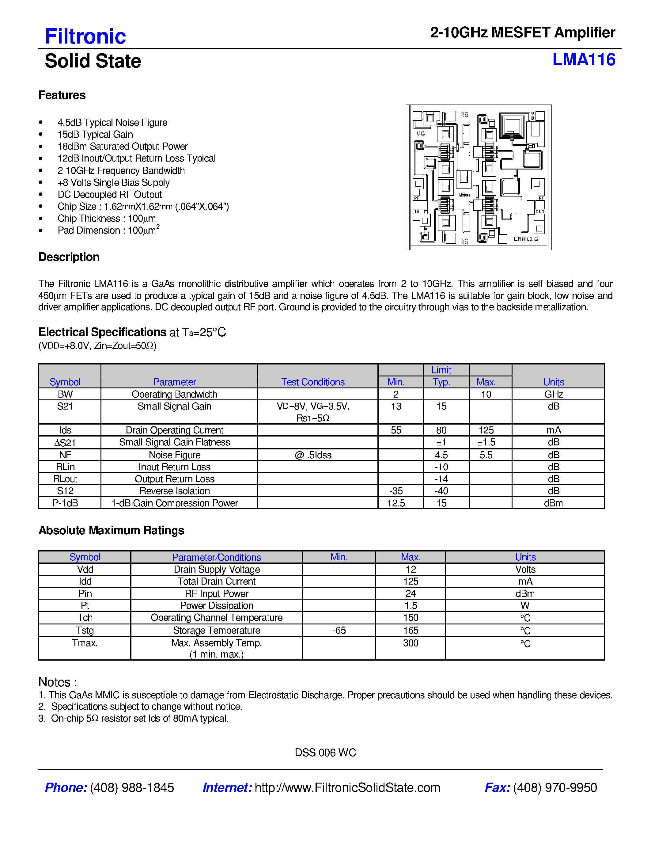 Datasheet LMA116 - 2-10GHz MESFET Amplifier page 1