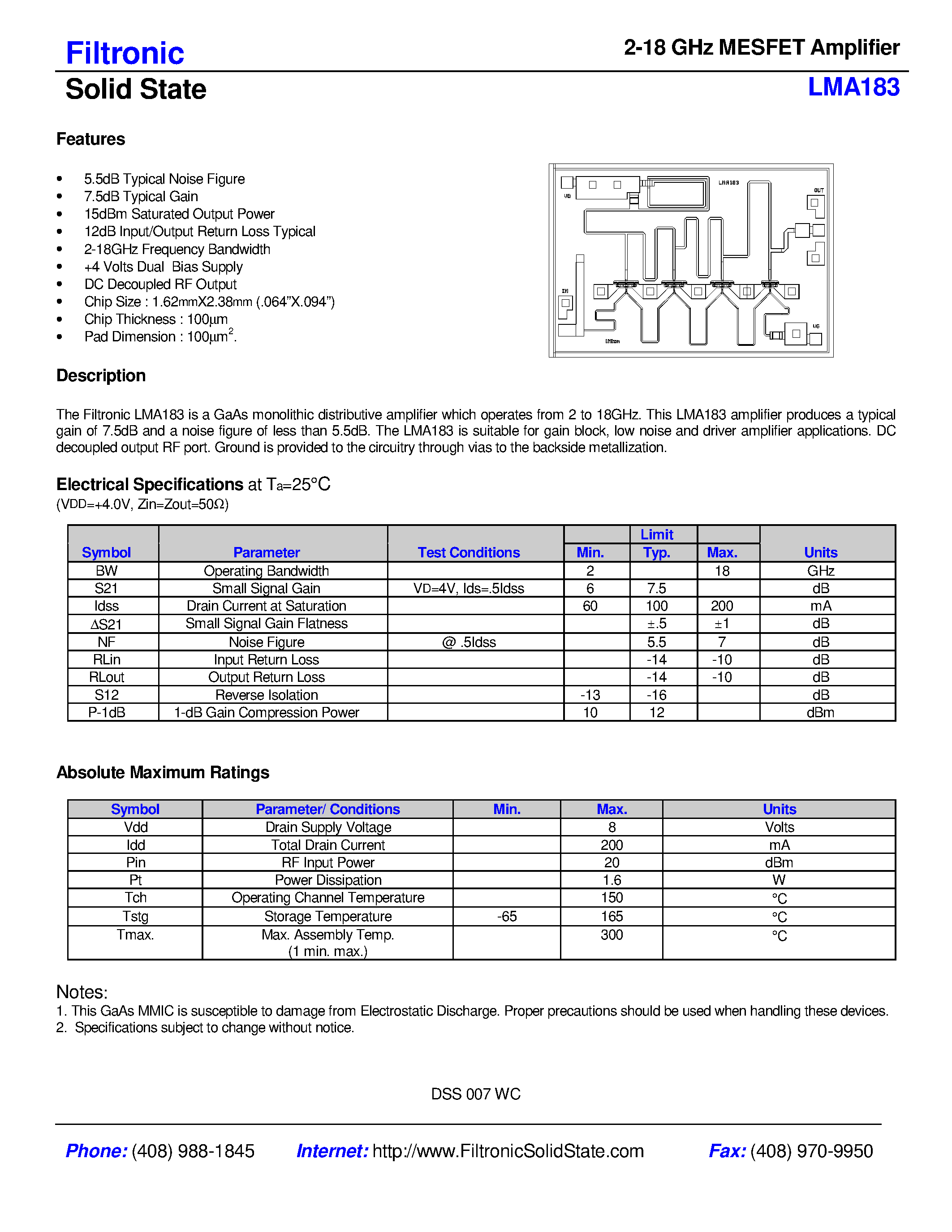 Datasheet LMA183 - 2-18 GHz MESFET Amplifier page 1