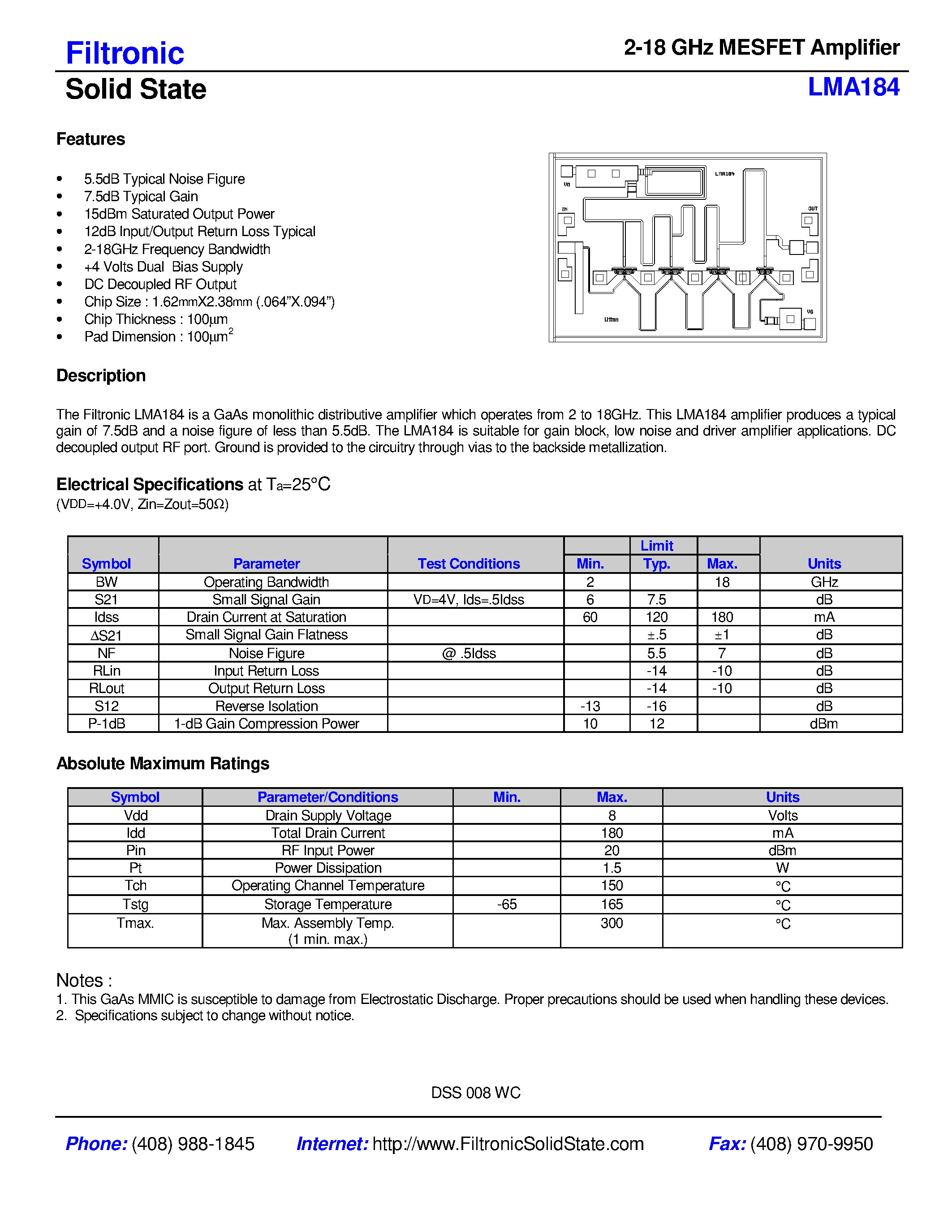 Datasheet LMA184 - 2-18 GHz MESFET Amplifier page 1
