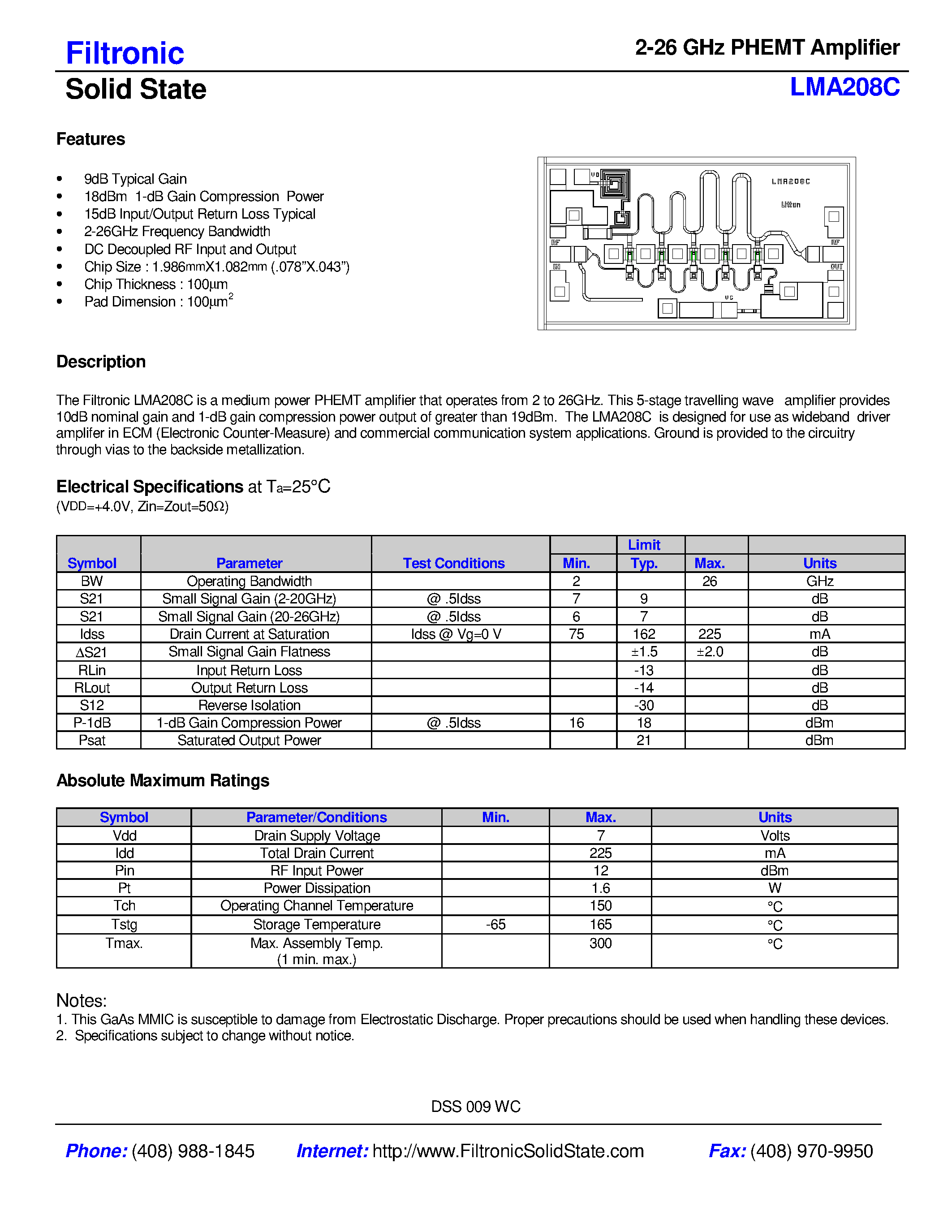 Datasheet LMA208C - 2-26 GHz PHEMT Amplifier page 1