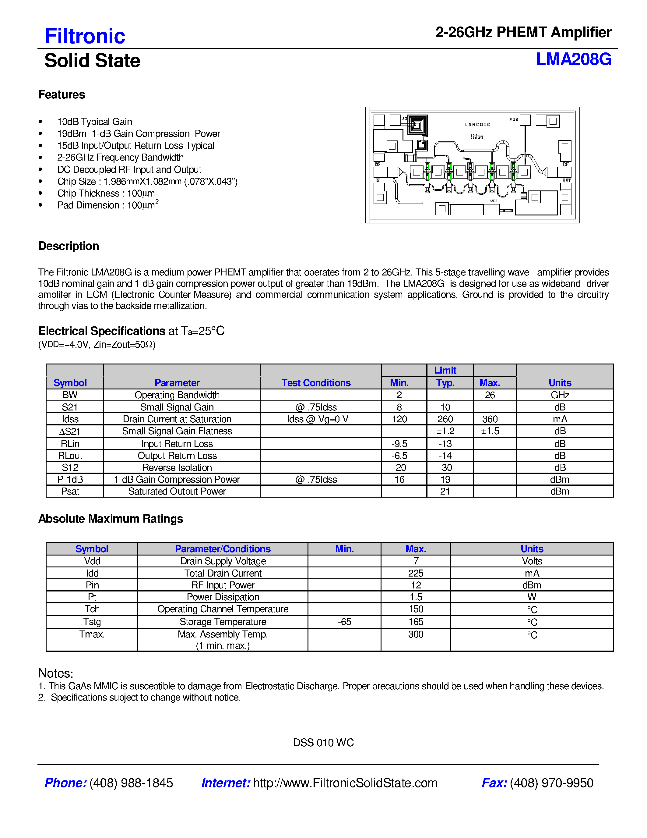 Datasheet LMA208G - 2-26GHz PHEMT Amplifier page 1