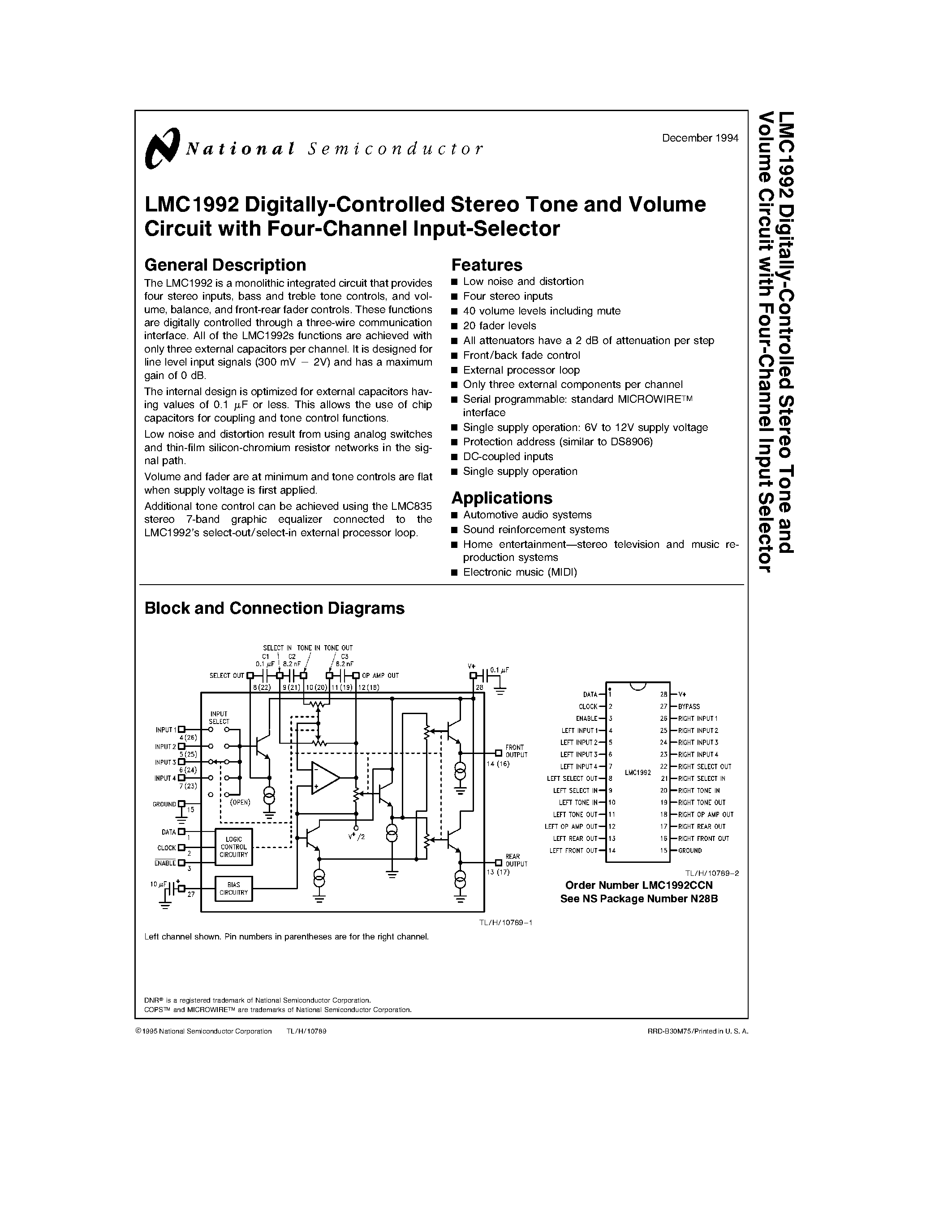 Даташит LMC1992 - LMC1992 Digitally-Controlled Stereo Tone and Volume Circuit with Four-Channel Input-Selector страница 1