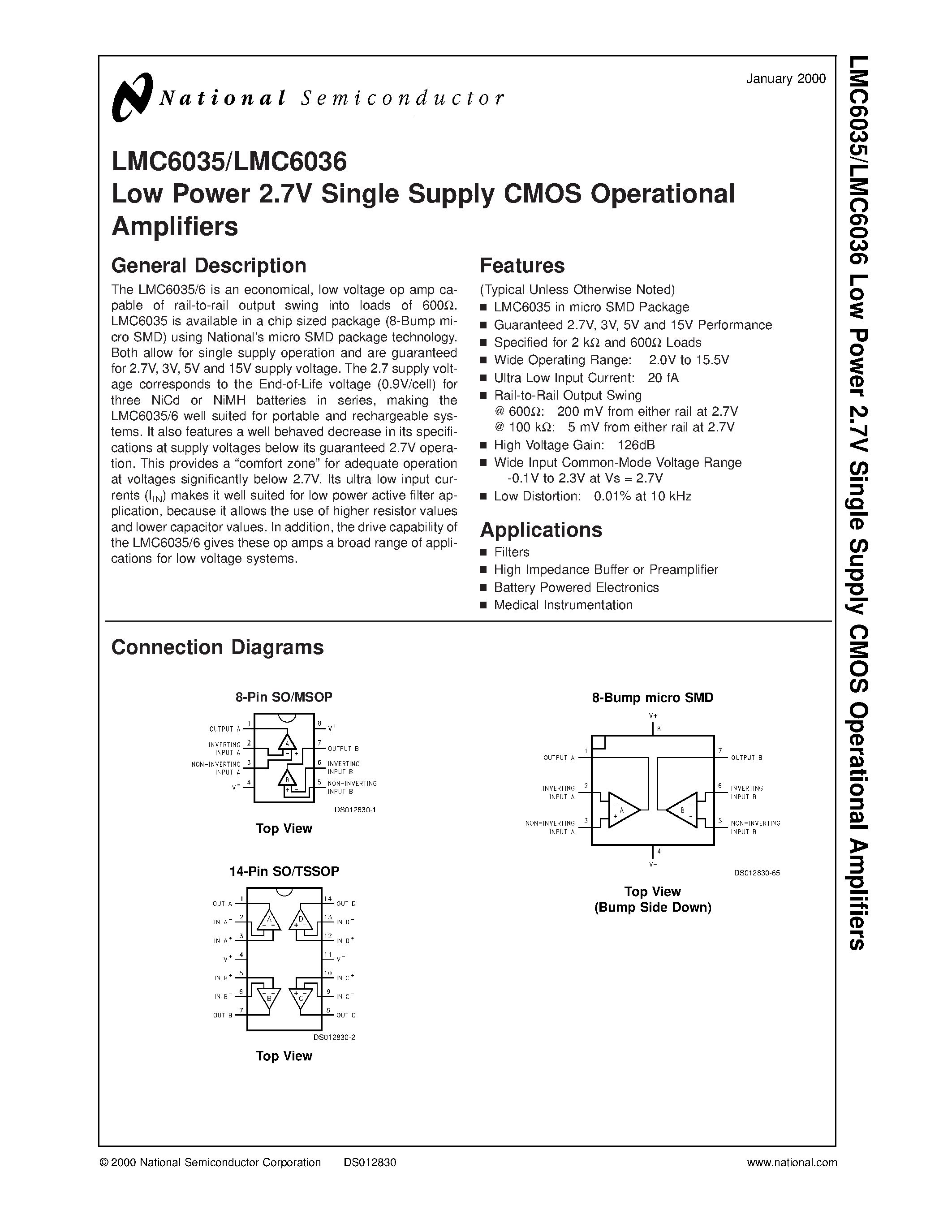 Datasheet LMC6036 - Low Power 2.7V Single Supply CMOS Operational Amplifiers page 1