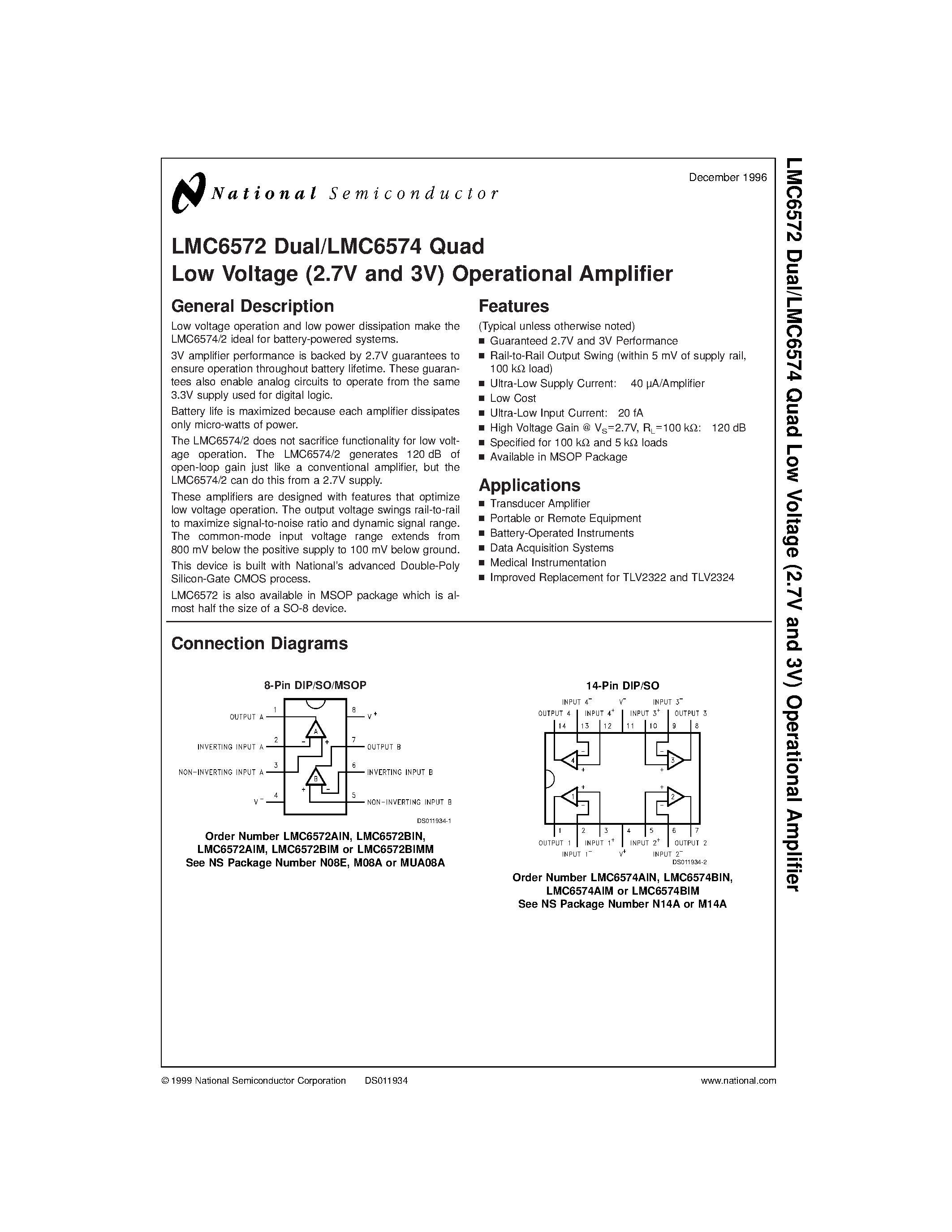 Datasheet LMC6574 page 1 Datasheet LMC6574 - Low Voltage (2.7V and 3V) Operational Amplifier page 1