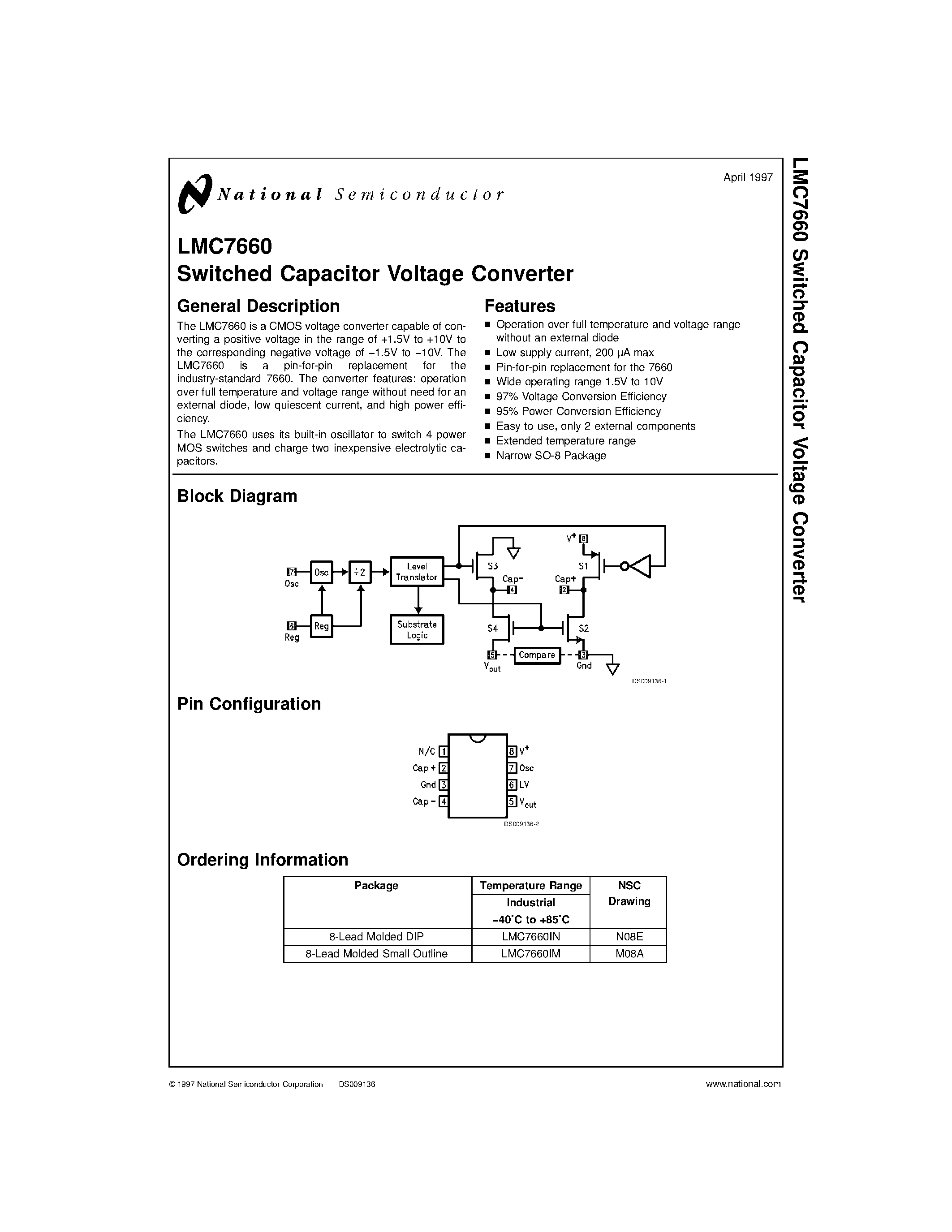Даташит на микросхему LMC7660 страница 1 Даташит LMC7660 - Switched Capacitor Voltage Converter страница 1
