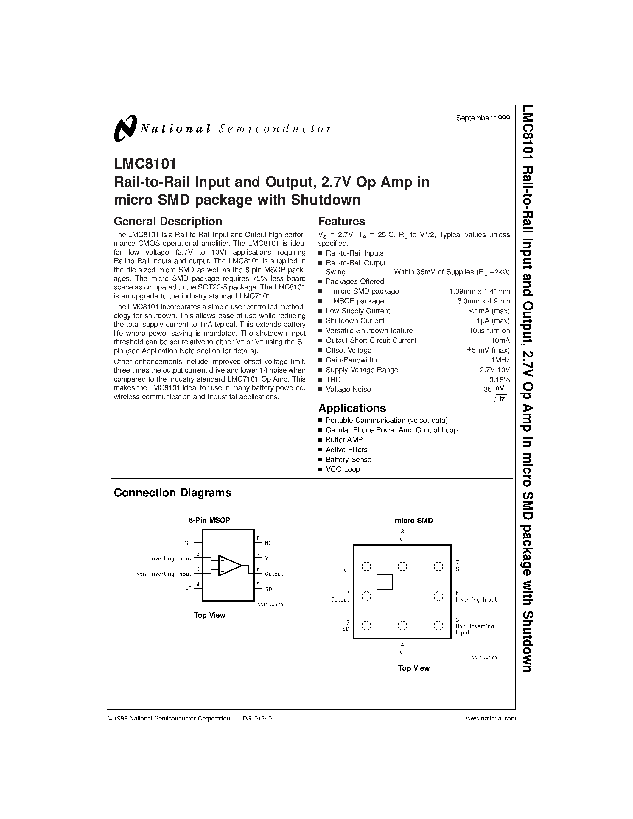 Datasheet LMC8101 - Rail-to-Rail Input and Output / 2.7V Op Amp in micro SMD package with Shutdown page 1