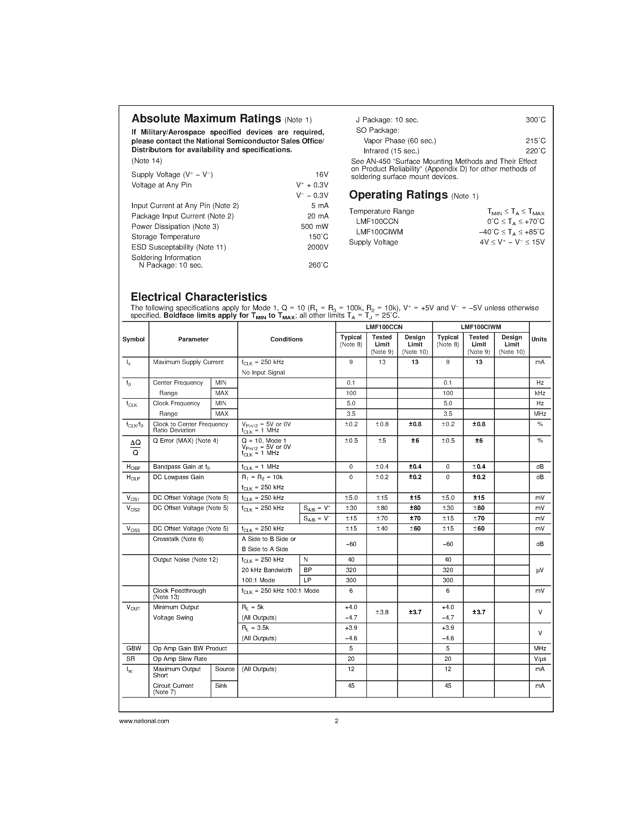 Datasheet LMF100 - High Performance Dual Switched Capacitor Filter page 2