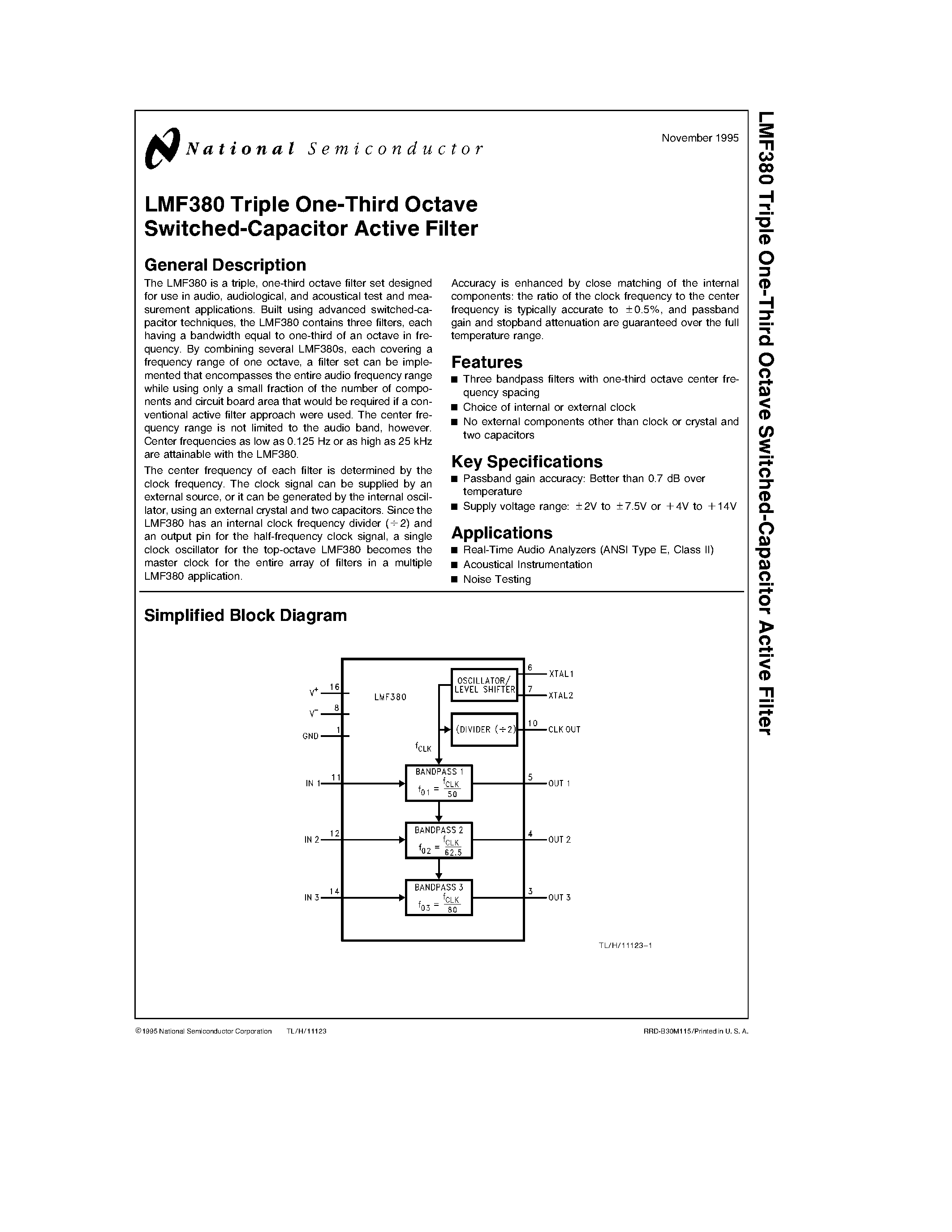 Даташит LMF380 - LMF380 Triple One-Third Octave Switched-Capacitor Active Filter страница 1